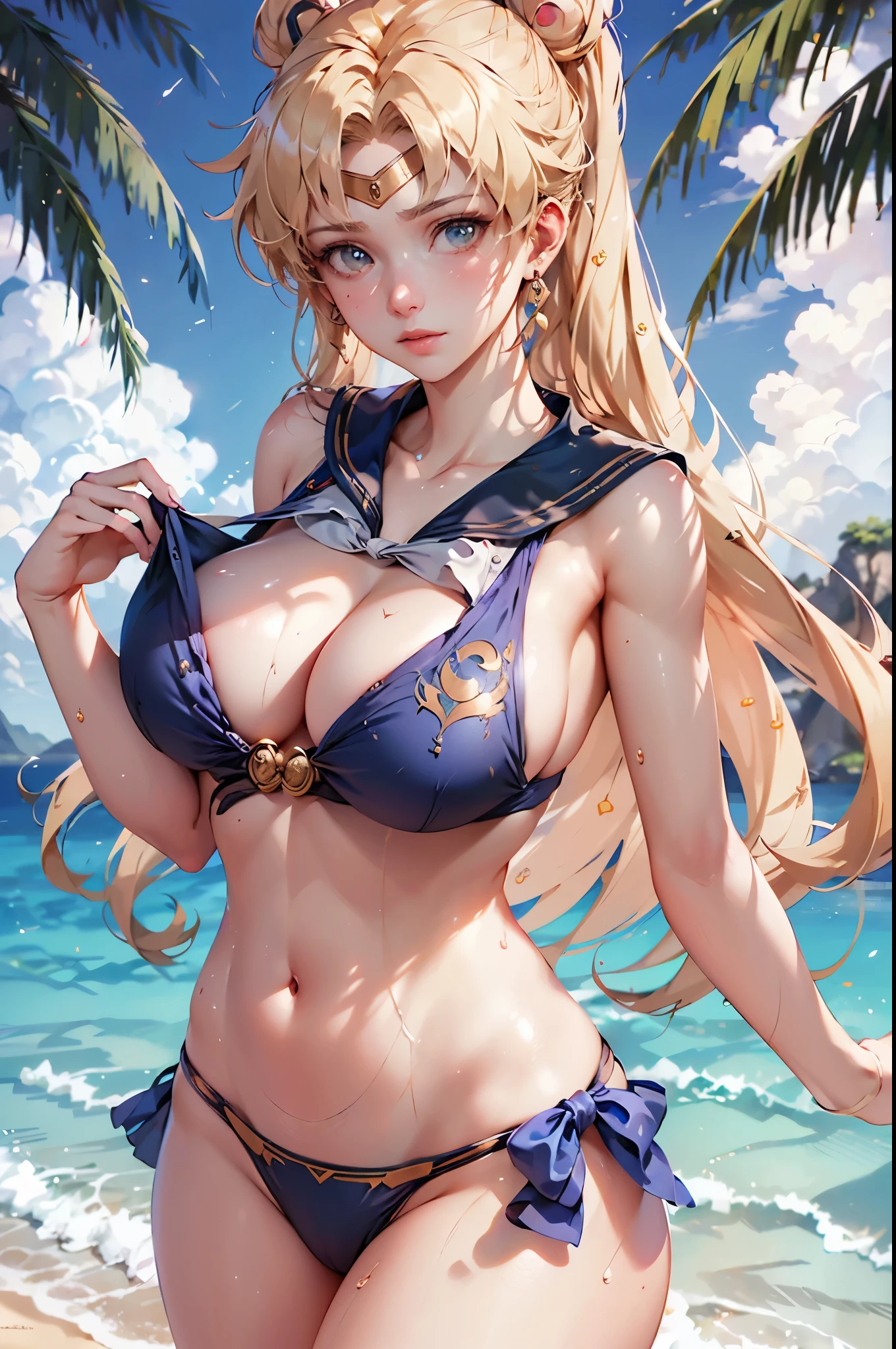 sailor moon at beach wear sailor bikini, blonde hair, large breast, show cleaveage, (forehead ornament), masterpiece, best quality:1.2),(8k,highres,RAW photo,realistic,photo-realistic:1.3),(detailed skin texture,detailed cloth texture,beautiful detailed face:1.25),professional lighting,photon mapping,beautiful soft light,radiosity,physically-based rendering,model shoot style, model shoot style, (extremely detailed CG unity 8k wallpaper), full shot body photo of the most beautiful artwork in the world, complex 3d render ultra detailed, looking at viewer, 18 yo, real human skin, vibrant details, hyperrealistic, beautiful, octane render, an extremely delicate and beautiful, extremely detailed ,CG ,unity ,wallpaper,Amazing, finely detail,official art,extreme detailed eyes, (perfect face), shiny skin, colorful, highest detailed, vibrant colors, ultra high res, (high contrast), intricate, lens flare