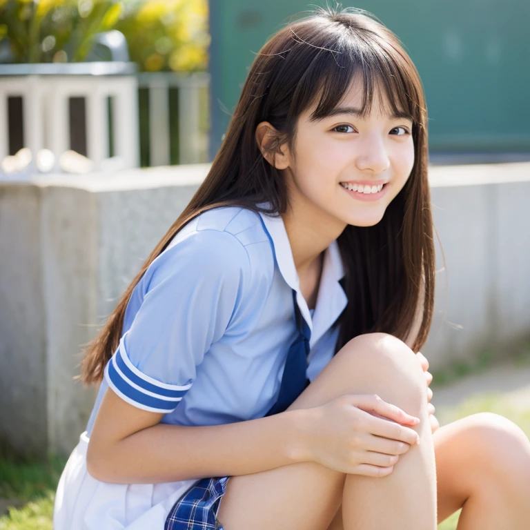 neat college girl, ite person, (school uniform, summer uniform, short sleeves), outside the athletic field, (slim, small, flat, small), photorealistic, detail, skin texture, super detail, delicate and sexy collarbone, smile, super detailed face, detailed lips, detailed eyes, double eyelids, legs sitting bending knees, squatting, white panties are visible from the skirt,