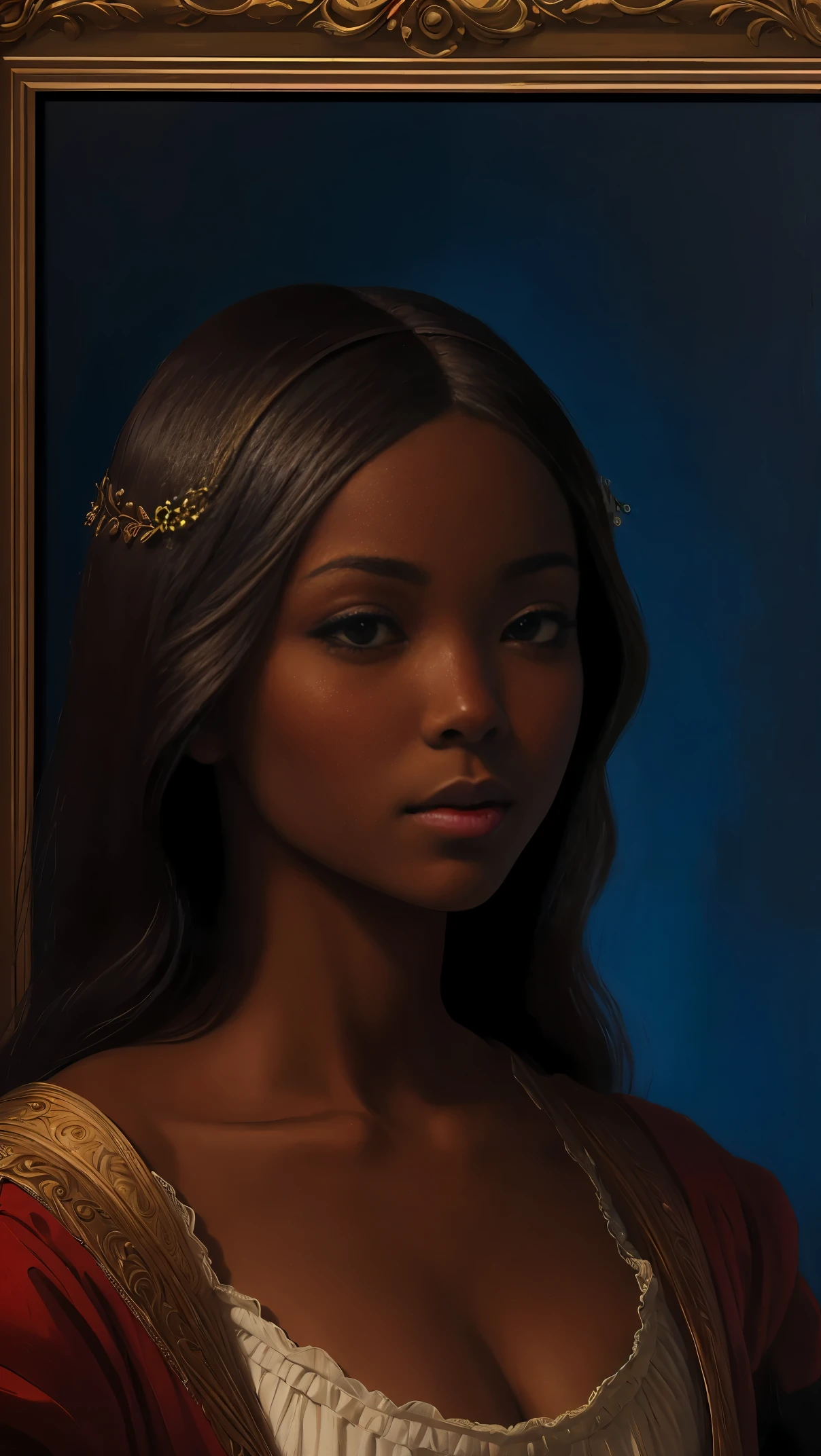 oil painting by Leonardo da Vinci, realistic portrait, closeup face of Gabrielle Union with dark skin, ebony nose, long hair, her eyes are sweet and vibrant, her face symmetrical, rich brown skin, softly lit luminosity on the face by REMBRADT, Adobe Illustration, Trending on Artstation, 8K, hd, cinematic, masterpiece, magnificent art, best quality, romanticism Renaissance period, oil on canvas, rich blue background 