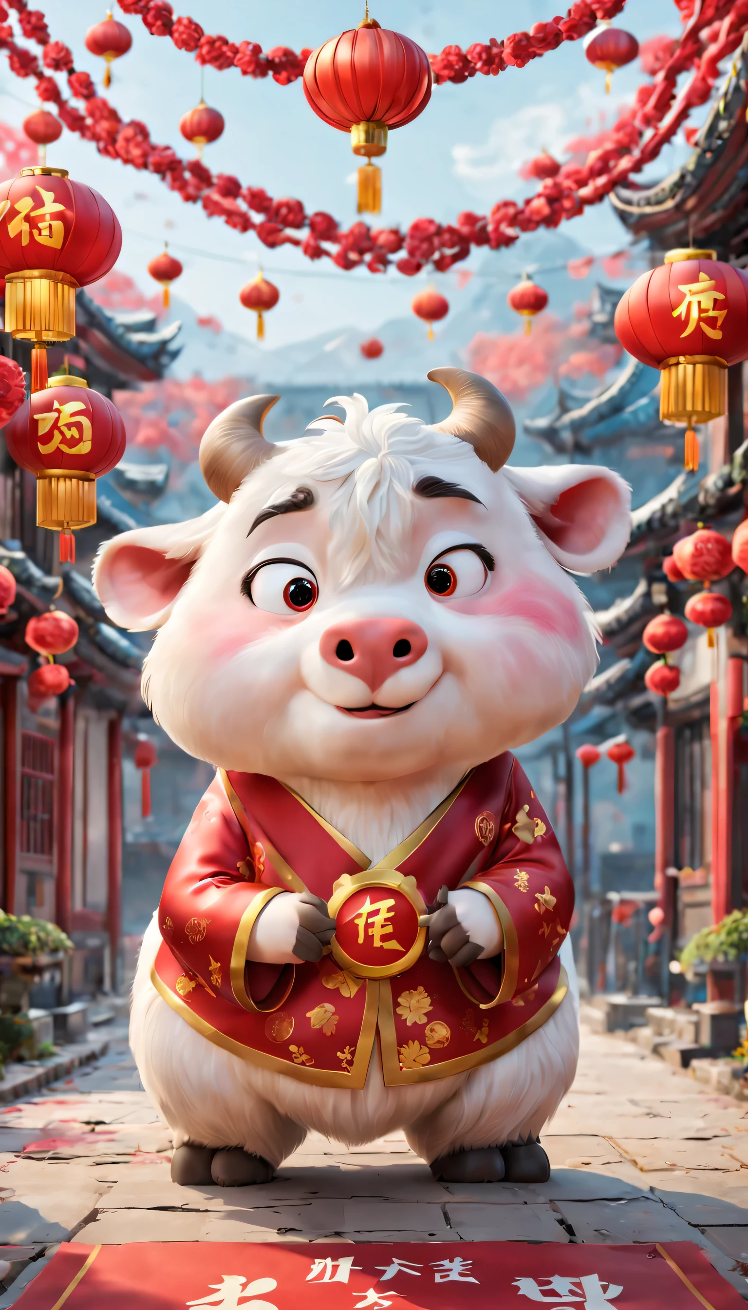CNY,zodiac sign of year of the ox,animated characters,中國festive,Red,Pixar, ized,Business posters,There are decorations around,festive, Speechless