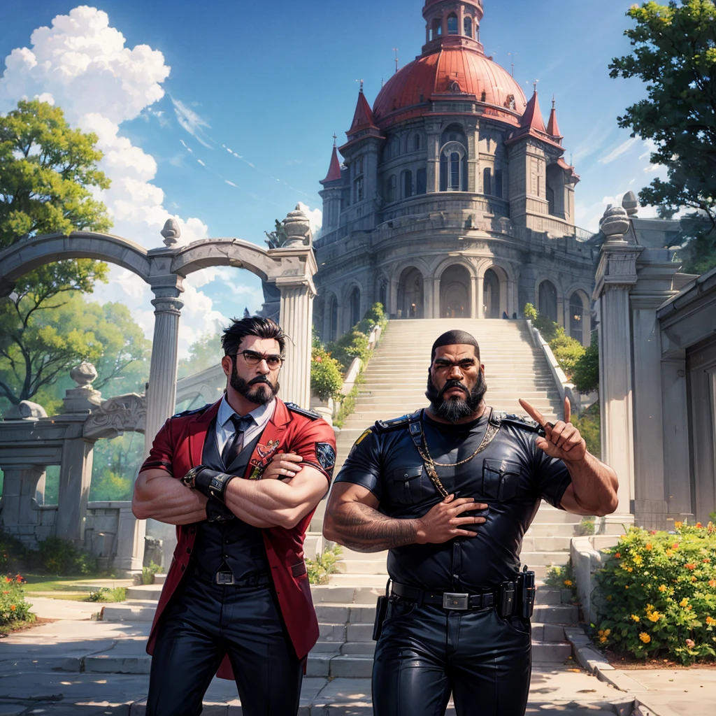 highest quality、best hand、best fingers、black hair、Black beard、A large man gatekeeper in security uniform、Spread your arms wide and protect the gate
