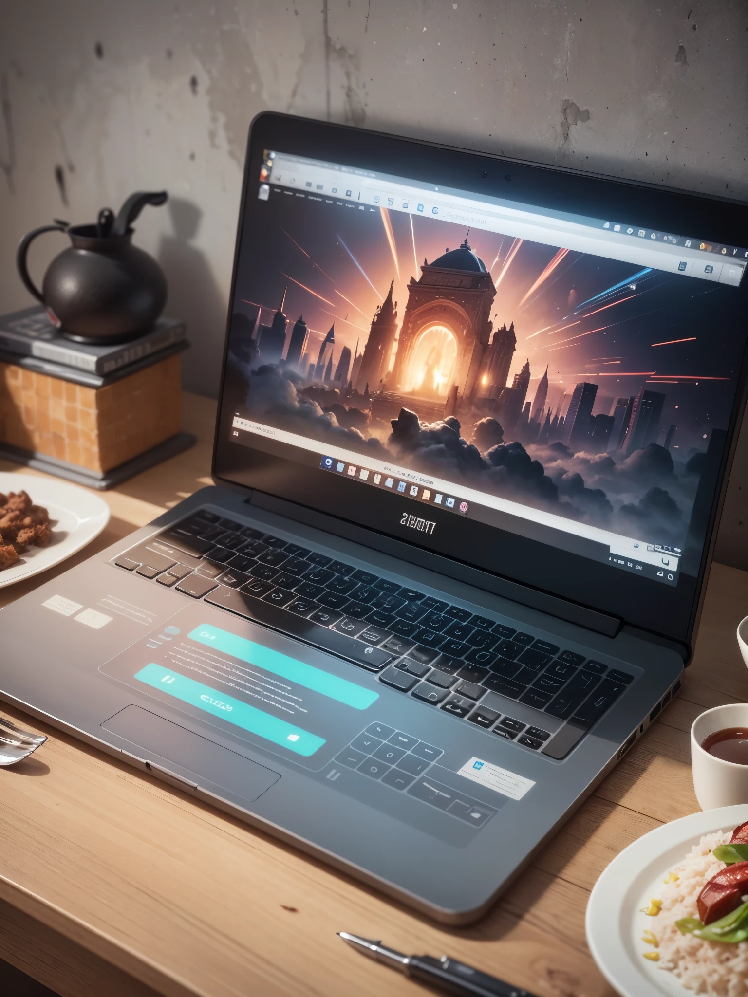 Computer, minutes, rice, plate, fork, hyper reality, 8k, hyper detail. Super detailed. --auto --s2
