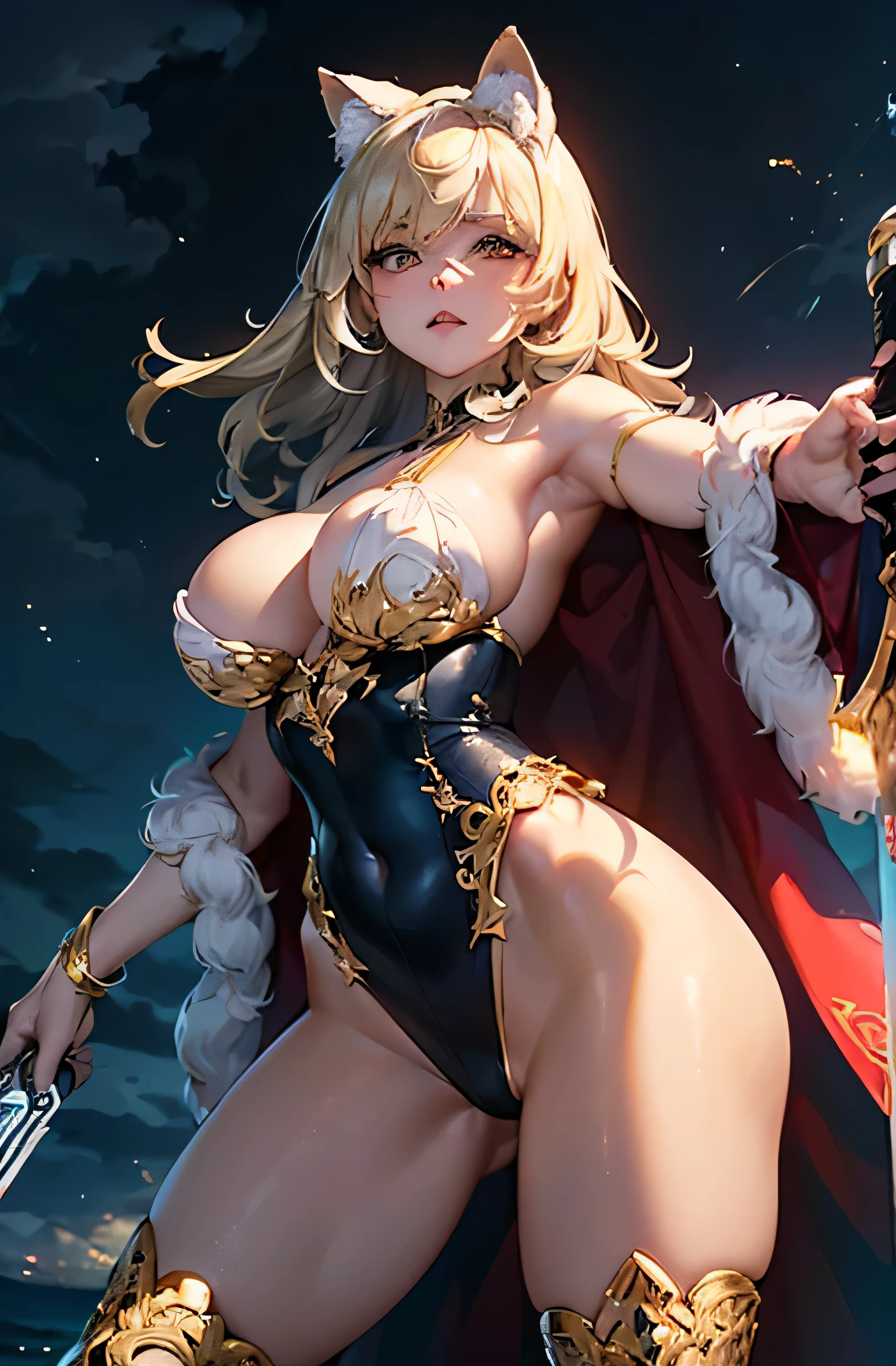 (((Different world)))、(((White fur、Luxurious, fine, beautiful and intricate gold decoration navy blue high leg leotard:1.5)))、((The belly part is made of lace and is open so you can see the navel.:1.2))、(((Blonde super long hair:1.2)))、((big cat ears:1.2))、(((Thigh-length knee-high boots with luxurious gold embellishments)))、(((big breasts、supermodel style、unparalleled beauty、beautiful、beautiful、beautiful woman、adult woman)))(((a red cloak waving:1.3)))(((Grasp the gun in your left hand and thrust it forward:1.8、Grasp the hilt of the sword in your right hand and take a stance.:1.8)))))(((from below 、oblique angle)))official fine art,Representative works、masterpiece、highest quality、, anatomically correct、High resolution,, 8K resolution ,masterpiece、global illumination、(((cloudy、darkness、night、A sky full of eerie black clouds、thunder、)))(((particles of electricity)))(((thunderのエフェクト)))