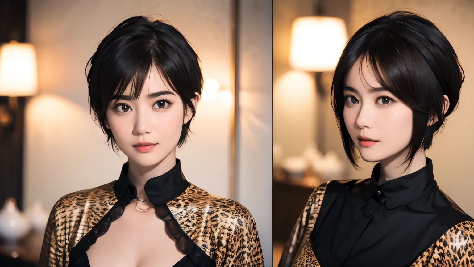 145
(20 year old woman,Animal print costume), (surreal), (High resolution), ((beautiful hairstyle 46)), ((short hair:1.46)), (gentle smile), (breasted:1.1), (lipstick)