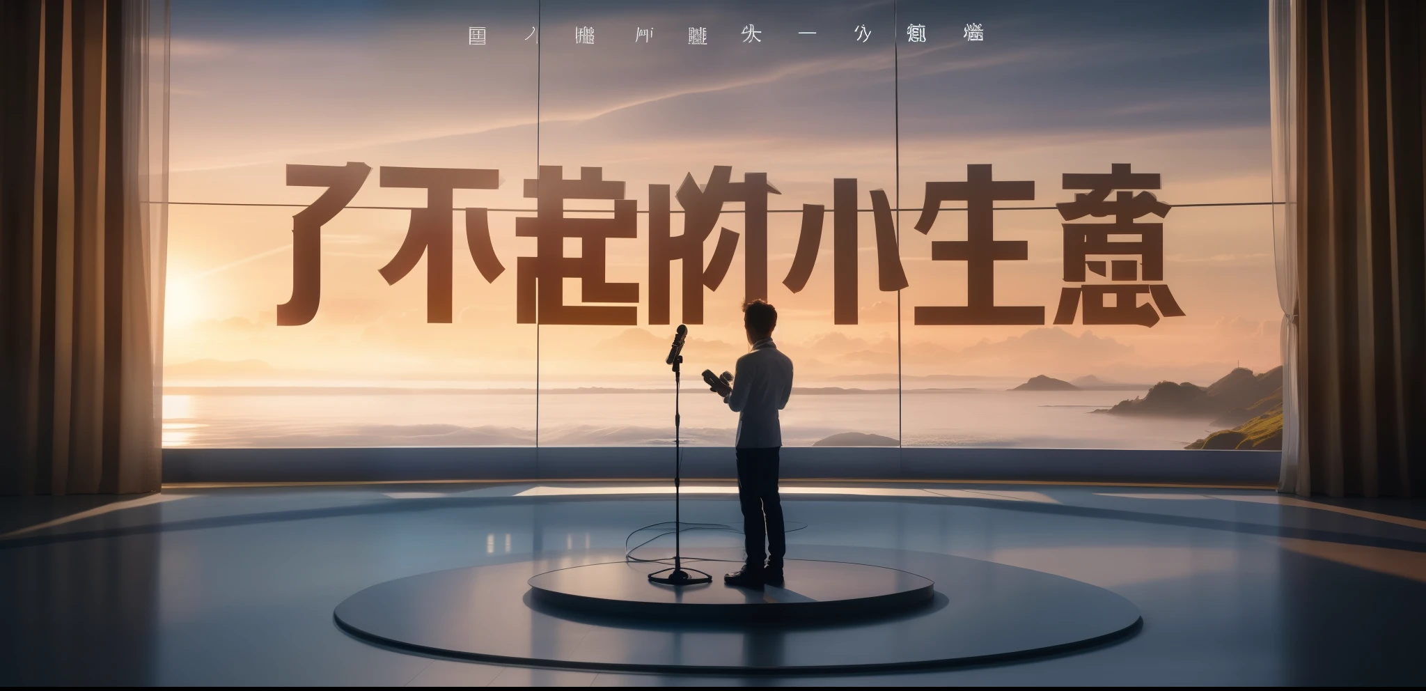 best quality，Lots of details，There  a person standing in the middle of the screen giving a speech，There&#39;s a microphone in front，The background  a large floor-to-ceiling window,There are curtains on the left and right sideorning sun,beautiful cloudountains in the distance，Cities in the distance，Cinematic quality， Movie promotional pictures,  production photo, sea。morning light，Light and shadow effects