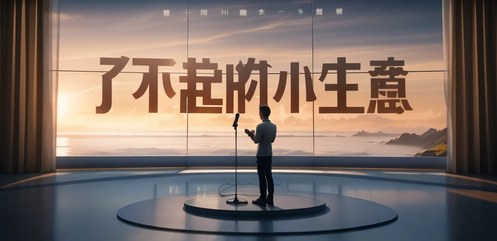 best quality,many details,There a person standing in the middle of the screen giving a speech,There'There a microphone on the front,In the background are large floor-to-ceiling windows,There are curtains on the left and right sideorning sun,Beautiful cloud mountains in the distance,city in the distance,movie quality, film promotional image, production photo, Ocean。morning light,Light and shadow effects