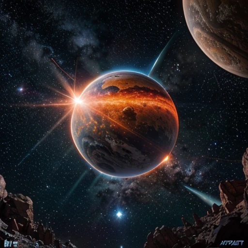 Universe, alien-planet, red-orange rocks and violett plants, in sky a blue planer and exploding stars, a alien with big eyes look at this, epic, colorful,  bright, saturated, 