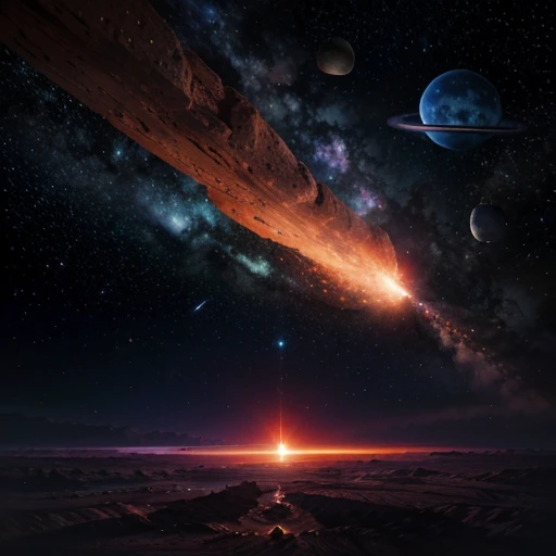 Universe, alien-planet, red-orange rocks and violett plants, in sky a blue planer and exploding stars, a alien with big eyes look at this, epic, colorful,  bright, saturated, 