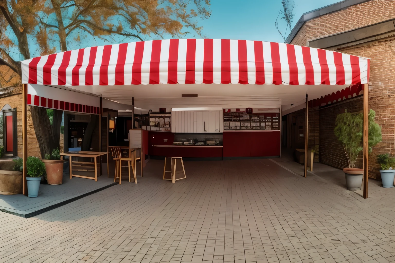 there a red and white awning with a sign on it, ground level view, covered outdoor stage, ground-level view, ground - level view, front photo, a long-shot from front, seen from outside, front side, front-view, frontview, school courtyard, university canteen area, old ,steam punk theme