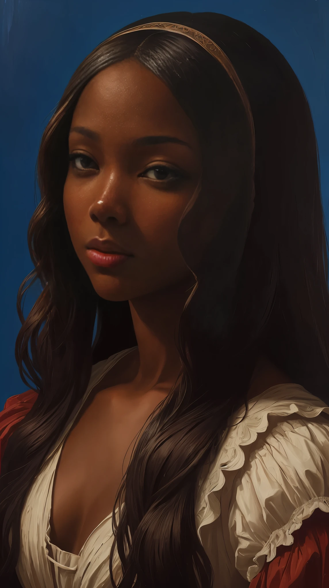 oil painting by Leonardo da Vinci, realistic portrait, closeup face of Gabrielle Union with dark skin, ebony nose, long hair, her eyes are sweet and vibrant, her face symmetrical, rich coffee brown skin, softly lit luminosity on the face by REMBRADT, Adobe Illustration, Trending on Artstation, 8K, hd, cinematic, masterpiece, magnificent art, best quality, romanticism Renaissance period, oil on canvas, rich blue background 