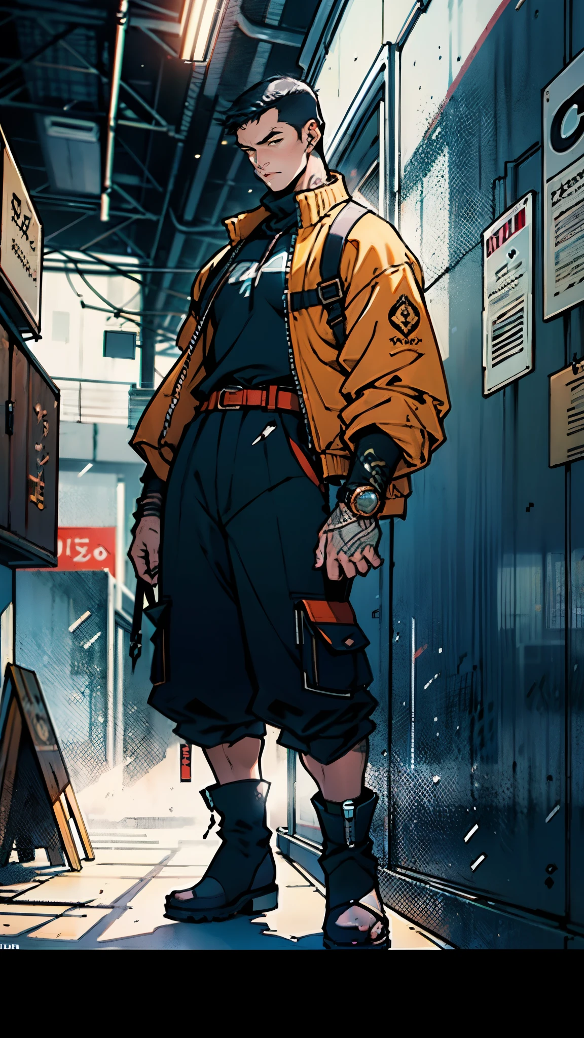 In the backdrop of an ancient fantasy-reality setting, a youth sporting a platinum crew cut displays a piercing gaze and confident demeanor. Adorned in a two-piece fusion outfit, seamlessly blending Western and Eastern influences, he wears a snug dark top paired with a vibrant yellow-blue short jacket. The lower half features loose white utility pants, and his sturdy long boots echo through the corridors of an antiquated architectural landscape. The overall aesthetic captures the essence of a refined and mature anime-inspired  rogue, symmetrical face, extremely detailed eyes and face, high quality eyes, high definition, highres, ultra-fine painting, exquisite and mature, extremely delicate, professional, anatomically correct, creativity, UHD, HDR, 32k, Natural light, cinematic lighting, best shadow, masterpiece-anatomy-perfect, best quality, masterpiece, ultra-detailed