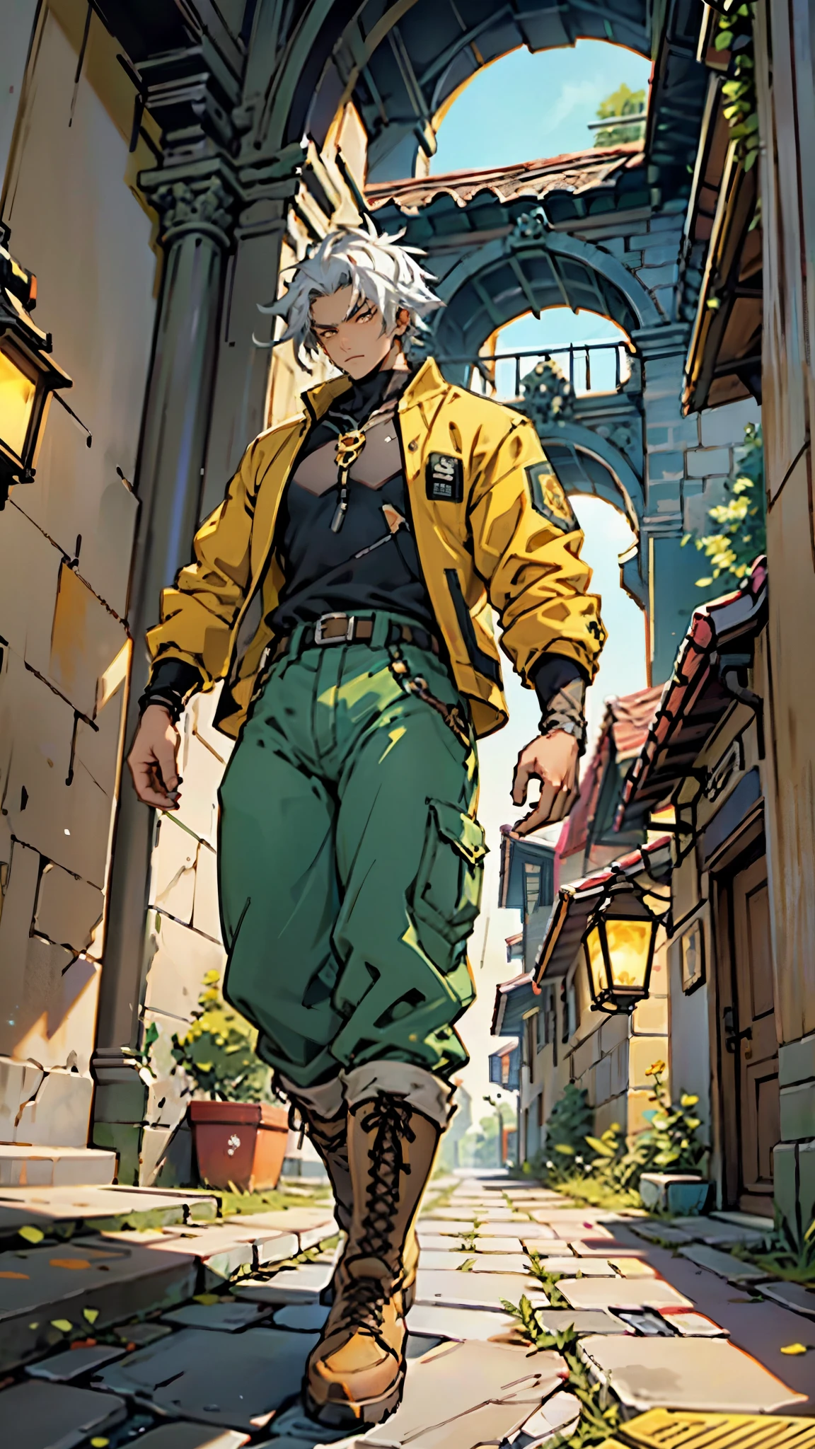 In the backdrop of an ancient fantasy-reality setting, a youth sporting a platinum crew cut displays a piercing gaze and confident demeanor. Adorned in a two-piece fusion outfit, seamlessly blending Western and Eastern influences, he wears a snug dark top paired with a vibrant yellow-blue short jacket. The lower half features loose white utility pants, and his sturdy long boots echo through the corridors of an antiquated architectural landscape. The overall aesthetic captures the essence of a refined and mature anime-inspired rogue, symmetrical face, extremely detailed eyes and face, high quality eyes, high definition, highres, ultra-fine painting, exquisite and mature, extremely delicate, professional, anatomically correct, creativity, UHD, HDR, 32k, Natural light, cinematic lighting, best shadow, masterpiece-anatomy-perfect, best quality, masterpiece, ultra-detailed
