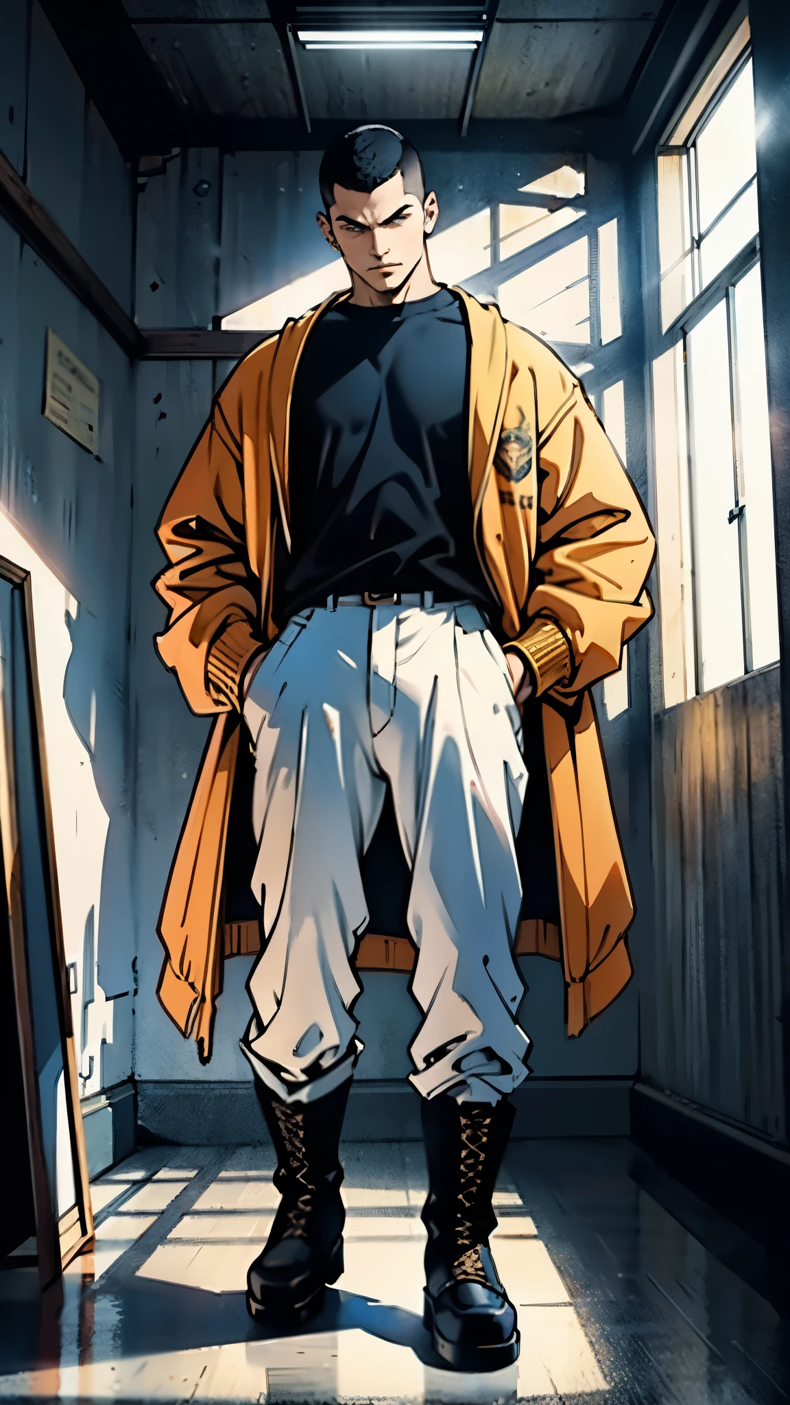 A young man with platinum-colored crew-cut hair, exuding sharp determination in his gaze. His well-defined facial features reveal a hint of arrogance. Dressed in a fusion of Western and Eastern fantasy-reality style, he wears a dark, form-fitting top complemented by a yellow-blue short jacket. The ensemble completed with loose white utility pants and sturdy high boots. He swiftly navigates through an ancient fantasy-reality style architecture, embodying an anime-inspired rogue, blending intricacy with mature artistic style, symmetrical face, extremely detailed eyes and face, high quality eyes, high definition, highres, ultra-fine painting, exquisite and mature, extremely delicate, professional, anatomically correct, creativity, UHD, HDR, 32k, Natural light, cinematic lighting, best shadow, masterpiece-anatomy-perfect, best quality, masterpiece, ultra-detailed