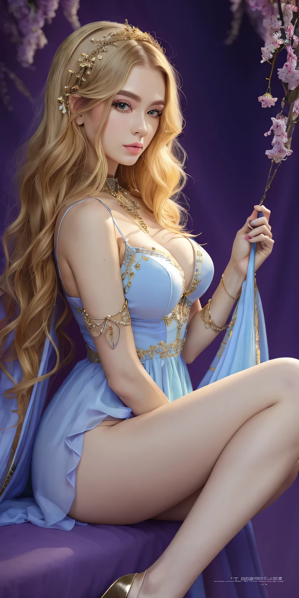 more realistic women、blonde beauty、Belarusian model、highest quality、Lots of details、Light blueのドレスを着た女性が写真撮影、Moon-themed costumes、astral witch costume、Fantasy costume、Live-action girls、beautiful heavenly magician、Bandeau dress inspired by cold plums、popular in。 cgstation、goddess of heaven、April rendering、Light blue、Top light for dreamy medium portraits、Light blueの肌、Amoranth、fantasy dress、Full body close-up、big breasts、cleavage、mini skirt、beautiful feet、sexy and attractive legs、sexy legs、beautiful feetフォーカス