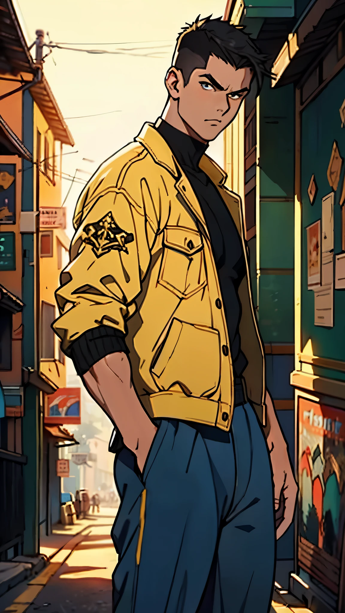 A young man with platinum-colored crew-cut hair, exuding sharp determination in his gaze. His well-defined facial features reveal a hint of arrogance. Dressed in a fusion of Western and Eastern fantasy-reality style, he wears a dark, form-fitting top complemented by a yellow-blue short jacket. The ensemble completed with loose white utility pants and sturdy high boots. He swiftly navigates through an ancient fantasy-reality style architecture, embodying an anime-inspired rogue, blending intricacy with mature artistic style, symmetrical face, extremely detailed eyes and face, high quality eyes, high definition, highres, ultra-fine painting, exquisite and mature, extremely delicate, professional, anatomically correct, creativity, UHD, HDR, 32k, Natural light, cinematic lighting, best shadow, masterpiece-anatomy-perfect, best quality, masterpiece, ultra-detailed