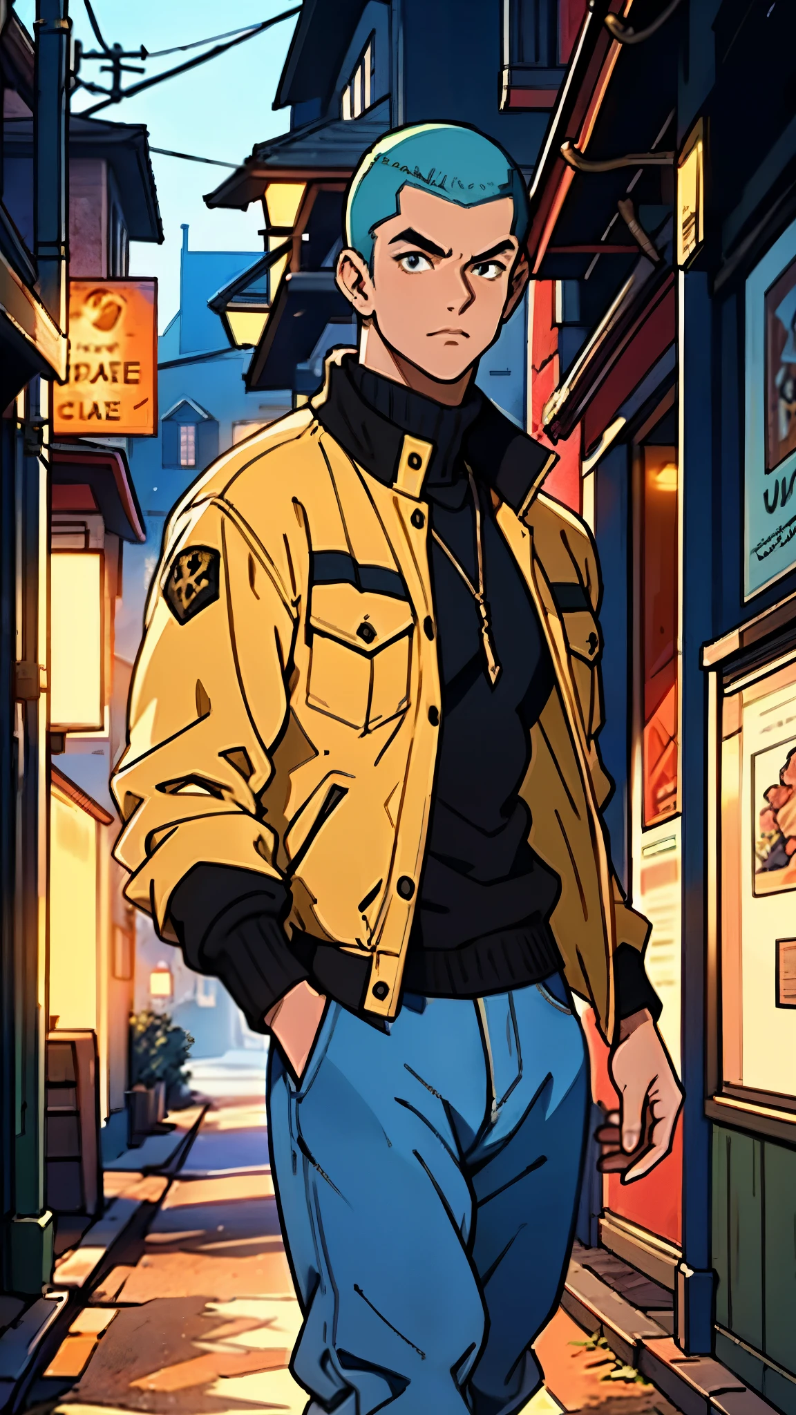 A young man with platinum-colored crew-cut hair, exuding sharp determination in his gaze. His well-defined facial features reveal a hint of arrogance. Dressed in a fusion of Western and Eastern fantasy-reality style, he wears a dark, form-fitting top complemented by a yellow-blue short jacket. The ensemble completed with loose white utility pants and sturdy high boots. He swiftly navigates through an ancient fantasy-reality style architecture, embodying an anime-inspired rogue, blending intricacy with mature artistic style, symmetrical face, extremely detailed eyes and face, high quality eyes, high definition, highres, ultra-fine painting, exquisite and mature, extremely delicate, professional, anatomically correct, creativity, UHD, HDR, 32k, Natural light, cinematic lighting, best shadow, masterpiece-anatomy-perfect, best quality, masterpiece, ultra-detailed