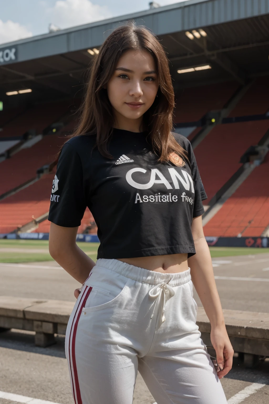 top-quality、masterpiece、超A high resolution、(realisitic:1.4)、Beautiful Women1、Beautiful detail eyes、smile、Light brown hair, She Wearing a long red manchester united jersey and long pants posing for a photo, gorgeous chinese model, photo of slim girl model, IG-Modell, beautiful female model, on the stadium, long red manchester united jersey, old trafford stadium