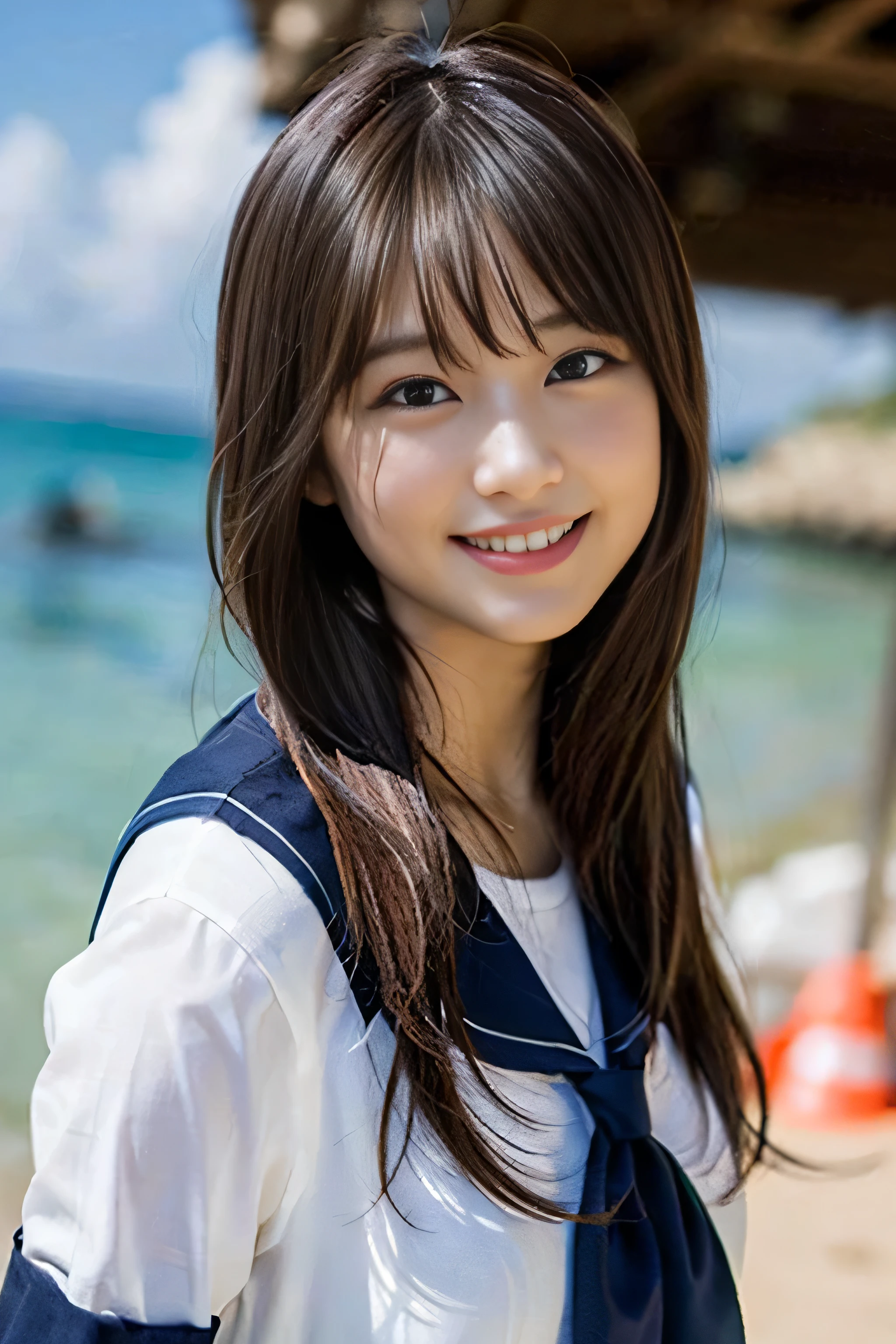 (8K、Raw photography、top-quality、​masterpiece:1.2)、(realisitic、Photorealsitic:1.37)、ultra-detailliert、超A high resolution、女の子1人、see the beholder、beautifull detailed face、A smile、Constriction、(Slim waist) :1.3)、Beautiful detailed skin、Skin Texture、Floating hair、Professional Lighting、Whole human body、Longhaire、a blond、japanese hight school uniform、a sailor suit、Bob Hair、Panchira、Gray fabric underwear、E-cup、Happy smile、sixteen years old、Red ribbons、sand beach、the beach、夏天