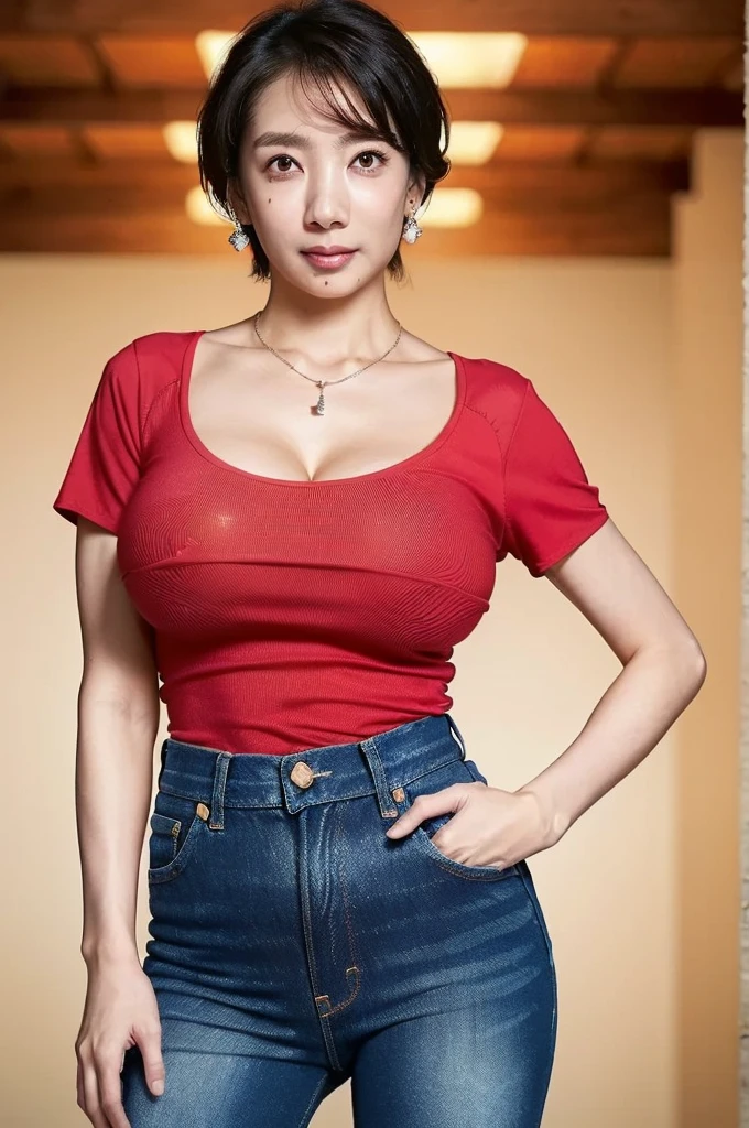 best quality, High resolution, Hires, skin definition, detailed skin, detailed eyes, detailed face, 4K, 日本人mature woman, ((solo)), (((50 years old))), (wrinkles at the corners of the eyes:1.6), (nasolabial folds:1.7), mature woman, sex appeal, sexy, fair skin, ((wavy long hair)), Looking at Viewer,(((old skin))), ((loose muscles)), (((very large breasts:1.28))), ((loose breasts)), (flaccid butt), ((japanese model)), 4K, (photoReality:1.5), Reality, ticker, Beautiful, Bimbo, Perfect makeup, eye make up:1.5, small diamond necklace, earrings, (((Red T-shirt, jeans))), smile, Office Desk,full body photo,