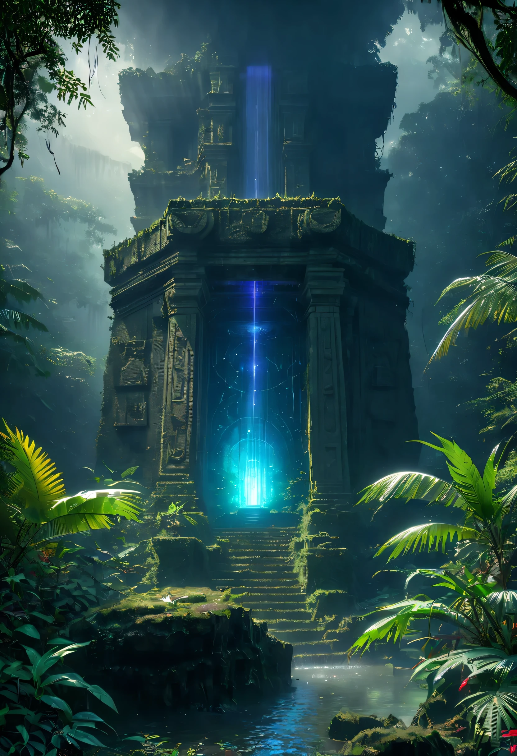 Alien civilization ruins,Alien Glyph Totem,by night, The mottled stone walls are carved with strange patternuture-tech, 诡异的magia力量, unknown cosmic energy,((Dark)),epic,8K,Fantastical,ultra - detailed,magia, Cast spells,black hole,threatening,Ridiculous resources,Abyssal,magia Circle,Excess energy,sci-fy,Abyssaltech,dark energy,Ethereal,solution,ssee-through,Abyss,Anti-tech,sci-fy,Pure energy,Cybernetic eyes, Scan grid, epic, Octagonal rendering, Heavy rain a stunning close-up , (tmasterpiece: 1.3), (8K, realistically, RAW photogr, Best quality at best: 1.4), Damp rainat a forest,at a forest,jungles,There heavy rainfall,Surrounded by vines,giant and wet trees,(jungles阴暗潮湿:1.8),There are swamps on the ground,There was an air of obstruction in the woods,Spooky poisonous bugreathtaking at a forest scene,Cast a golden glow on the at a forest floor。Stream flowing over mossy rocks,Create a dangerous atmosphere。Delicate branches decorated with vibrant flowers and leaves,Add a touch of color to your scene,The cosmic energy field emits blue light,Dim lights illuminate the surroundings。Soft melody fills the air,Mesmerizing, high-quality illustrations,and pay attention to the finest details and realistic shadows,((郁郁葱葱的jungles / oases / Alien civilization ruins)),iintricate,The content very detailed,Anders Zorn,Sophie Anderson,Leah Kuvkhinov