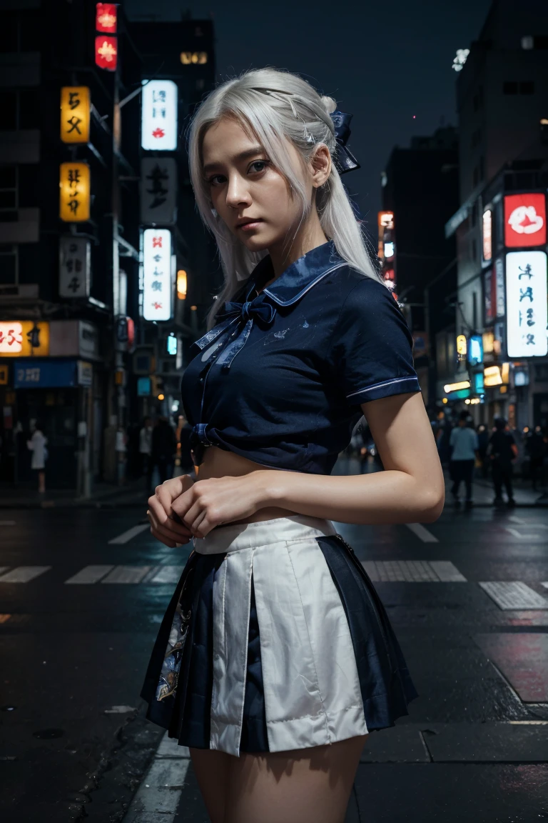 (8k, original photo, masterpiece:1.3), (actual, photo-actual:1.37), (night), (looking at the audience:1.331), (white hair), pose, Tokyo streets, nightcityscape, Cyberpunk City, soft light, 1 girl, extremely beautiful face, broken to pieces, hands down, Random hairstyle, random expression, big eyes, lower abdomen, (short sleeves .Jie Kang_shirt), Jie Kang_style, (dark blue Jie Kang_skirt), (bow Jie Kang_tie), Mix 4., best quality