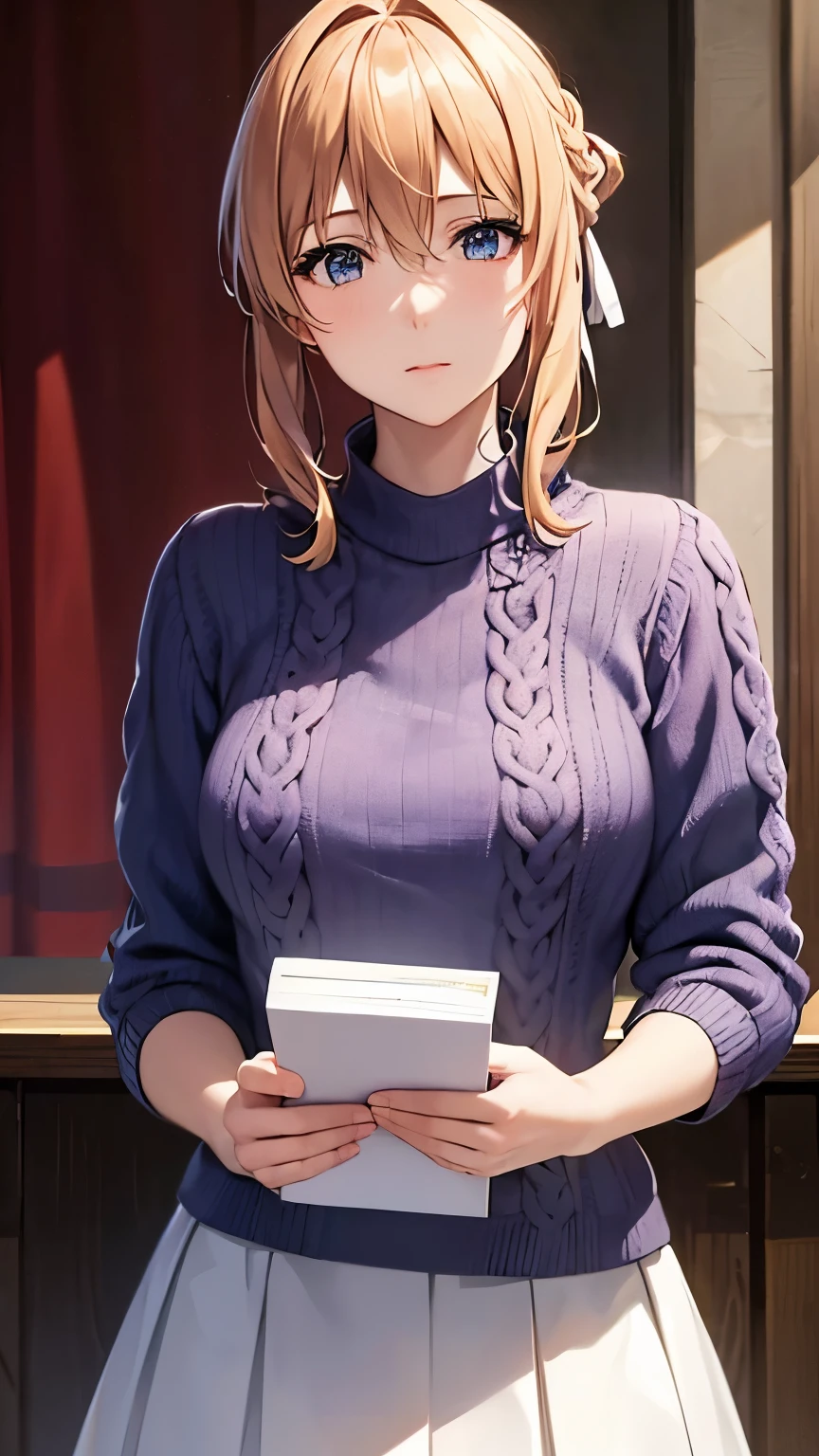 masterpiece, highest quality, ultra high resolution, highest quality, anime style, best writing, beautiful face, violet evergarden,table top, highest quality, 1 girl, alone, blonde hair, blue eyes, hair between eyes, looking at the viewer, ribbon, 赤いribbon, Braid, ヘアribbon, (Light purple knitwear:1.3), (white long skirt:1.3), jewelry, bangs, outdoor, brooch, hair intake, Anime coloring book, closed mouth, portrait, Day Grastry Detailed CG, ( perfect anatomy), Life、Detailed CG, ( perfect anatomy), Life感, urban background