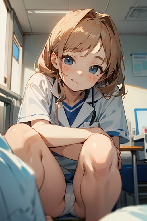 ((highest quality)), ((masterpiece)), (be familiar with), perfect face,cute face、gentle smile、squat、in the hospital room、White panties are visible、