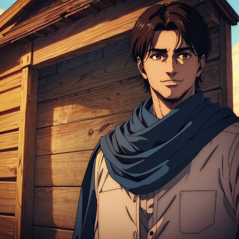 (best quality,4k,,masterpiece:1.2),ultra-detailed,realistic,photorealistic:1.37,male character who well built ,brown eyes,black medium hair,blue scarf,sharp jawline, he is smiling, behind him a small cabin,