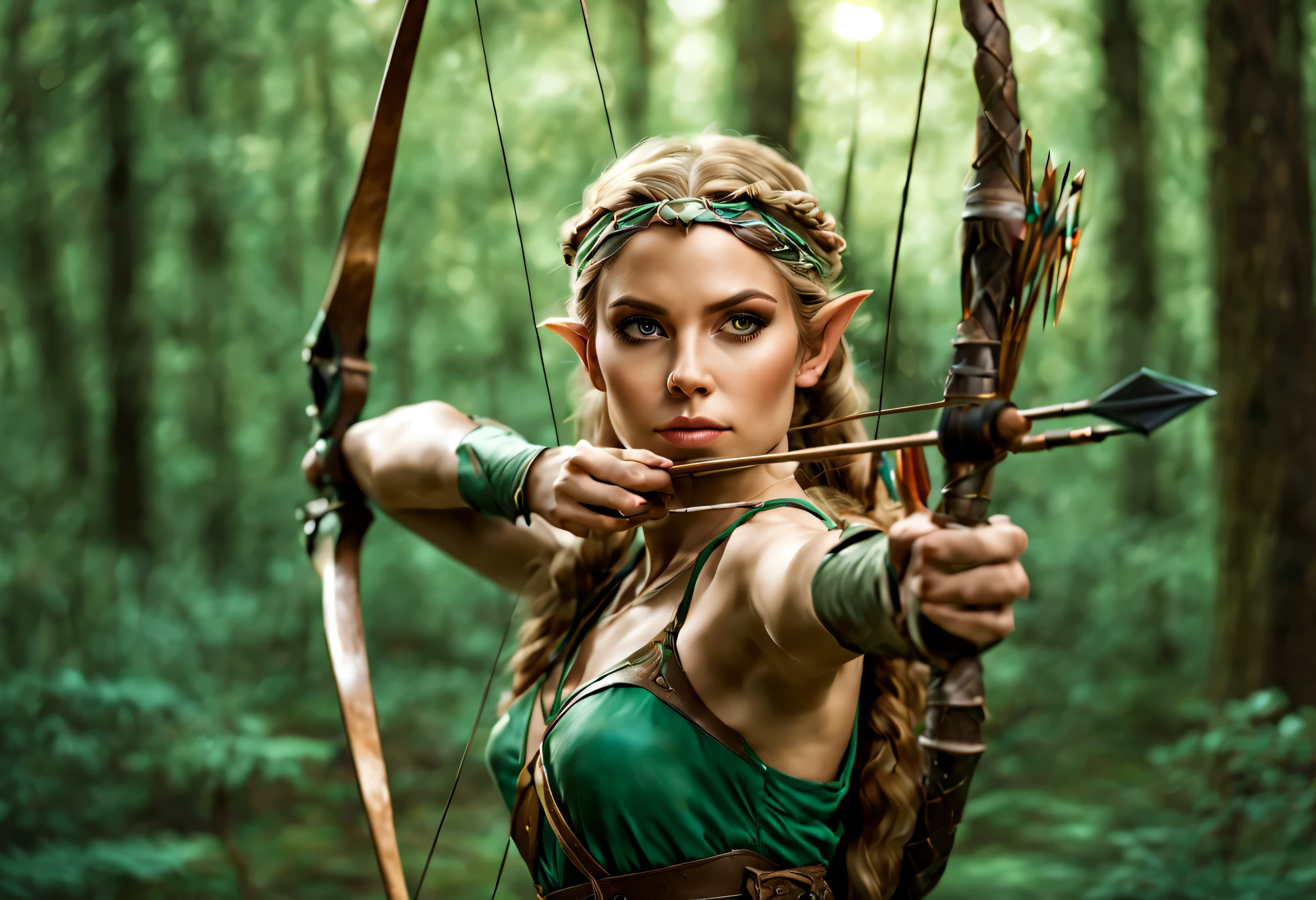 (Elven Woman:1.2) with a bow and arrow in the forest, (eleven rangers), archer's bow, surreal fantasy art, realistic fantasy images, surreal fantasy art