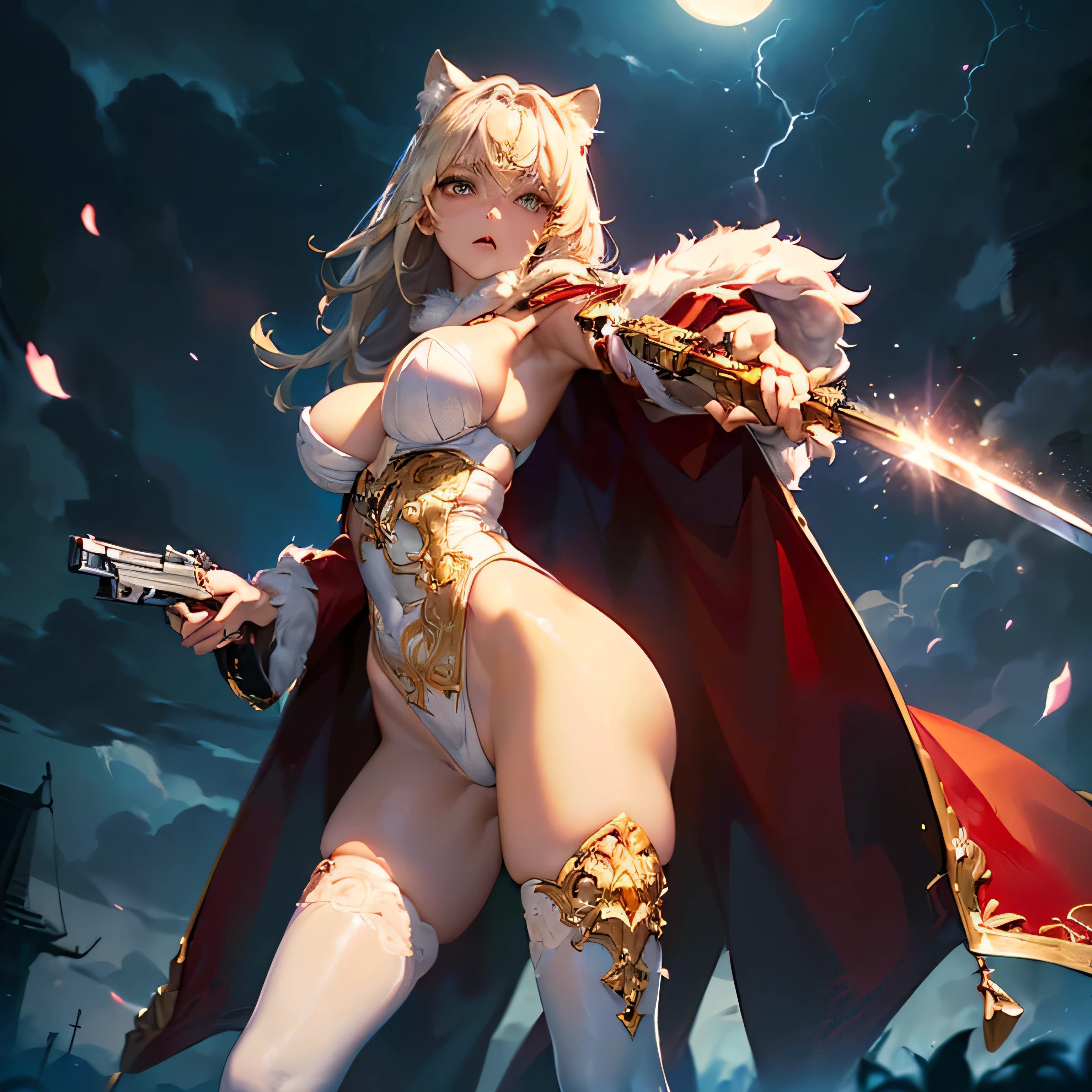 (((Different world)))、(((White fur、Luxurious, fine, beautiful and intricate gold decoration navy blue high leg leotard:1.5)))、((I can see my belly button and belly))、(((Blonde super long hair:1.2)))、((big cat ears:1.2))、(((Thigh-length knee-high boots with luxurious gold embellishments)))、(((big breasts、supermodel style、unparalleled beauty、beautiful、beautiful、beautiful woman、adult woman)))(((a red cloak waving:1.3)))(((Grasp the gun in your left hand and thrust it forward:1.8、Grasp the hilt of the sword in your right hand and take a stance.:1.8)))))(((from below 、oblique angle)))official fine art,Representative works、masterpiece、highest quality、, anatomically correct、High resolution,, 8K resolution ,masterpiece、global illumination、(((cloudy、darkness、night、A sky full of eerie black clouds、thunder、)))(((particles of electricity)))(((thunderのエフェクト)))(((moonlight:1.5)))(((ambient occlusion)))