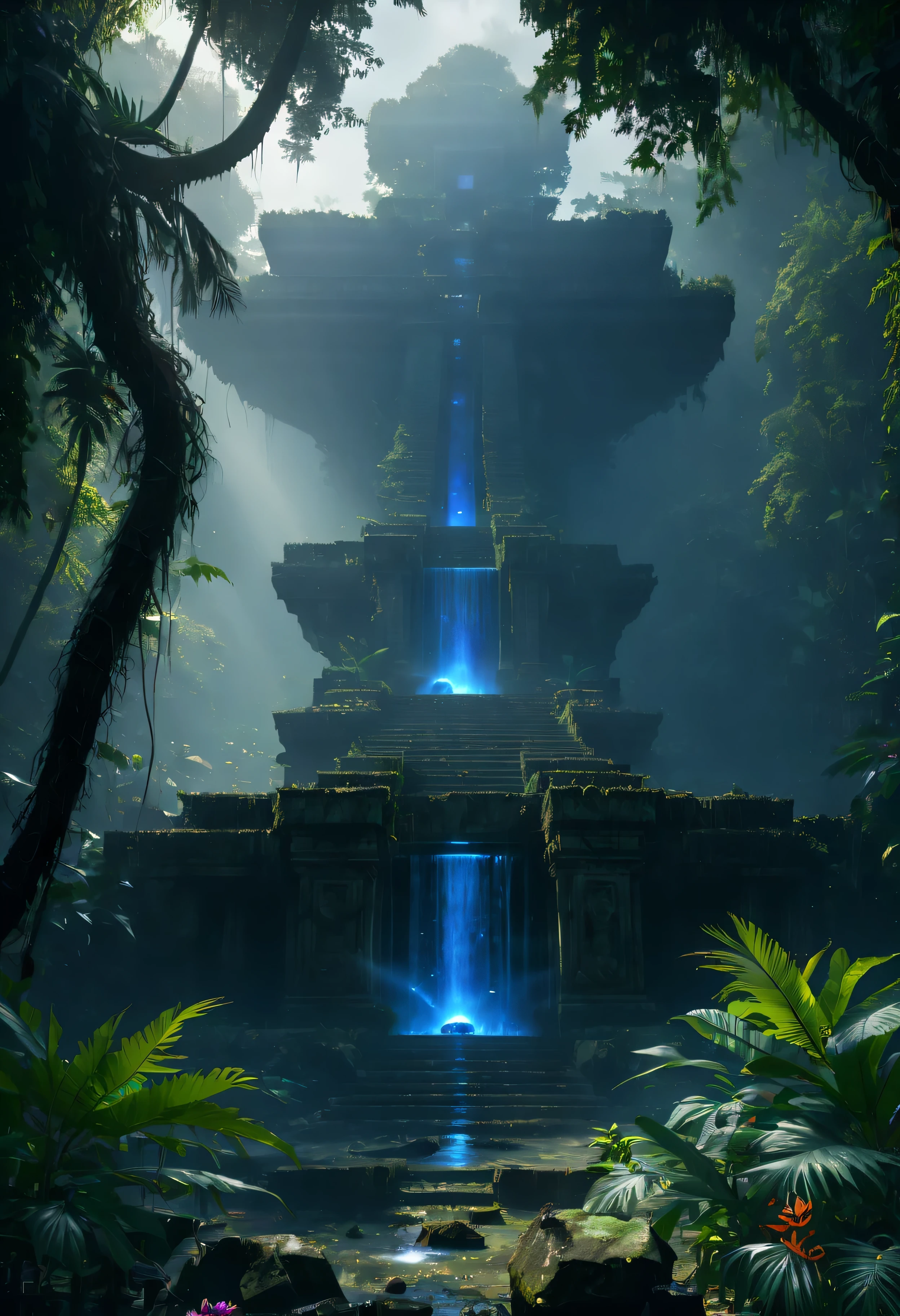 Alien civilization ruins,Alien Glyph Totem,by night, The mottled stone walls are carved with strange patternuture-tech, 诡异的magia力量, unknown cosmic energy,((Dark)),epic,8K,Fantastical,ultra - detailed,magia, Cast spells,black hole,threatening,Ridiculous resources,Abyssal,magia Circle,Excess energy,sci-fy,Abyssaltech,dark energy,Ethereal,solution,ssee-through,Abyss,Anti-tech,sci-fy,Pure energy,Cybernetic eyes, Scan grid, epic, Octagonal rendering, Heavy rain a stunning close-up , (tmasterpiece: 1.3), (8K, realistically, RAW photogr, Best quality at best: 1.4), Damp rainat a forest,at a forest,jungles,There heavy rainfall,Surrounded by vines,giant and wet trees,(jungles阴暗潮湿:1.8),There are swamps on the ground,There was an air of obstruction in the woods,Spooky poisonous bugreathtaking at a forest scene,Cast a golden glow on the at a forest floor。Stream flowing over mossy rocks,Create a dangerous atmosphere。Delicate branches decorated with vibrant flowers and leaves,Add a touch of color to your scene,The cosmic energy field emits blue light,Dim lights illuminate the surroundings。Soft melody fills the air,Mesmerizing, high-quality illustrations,and pay attention to the finest details and realistic shadows,((郁郁葱葱的jungles / oases / Alien civilization ruins)),iintricate,The content very detailed,Anders Zorn,Sophie Anderson,Leah Kuvkhinov