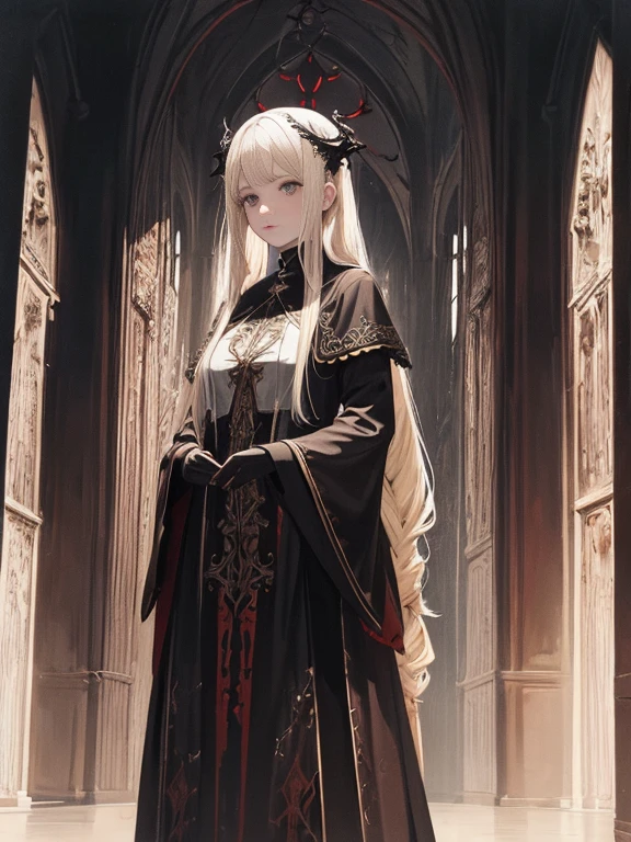 pale young divine gothic priestess, twintails, pure white skin, rust decay, Beautiful full body symmetrical portrait, Delicate blonde hairstyle, crimson eyes, dark red elegant gothic armor, encrusted with red gems, dark cathedral, masterpiece, Highest image quality, super detailing, upscaled, art by Zdzislaw Beksinski, art by H.R. Giger, absurdres, highres, (official art, beautiful and aesthetic:1.2), real, 4k, 8k, blood water fall,