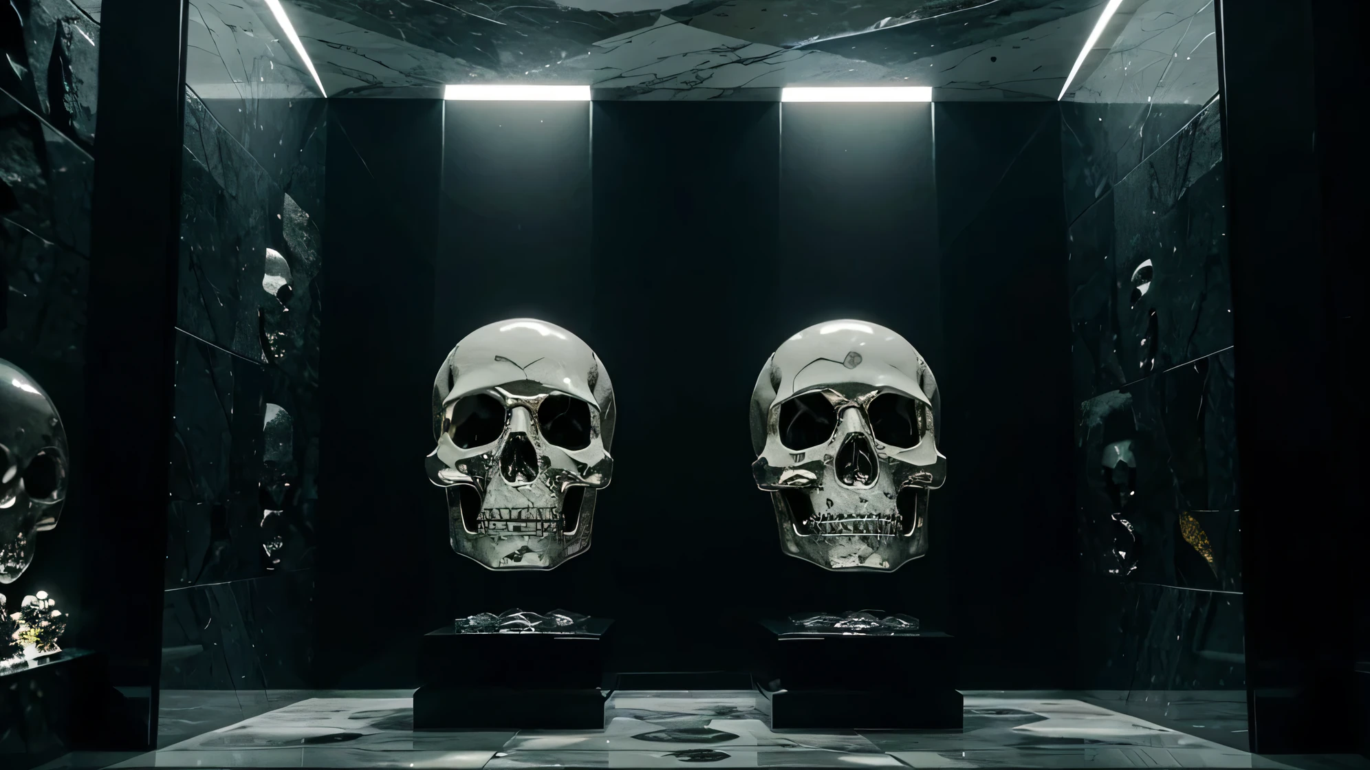 "Imagine and vividly describe the sight of two skulls positioned atop a majestic crystal castle. Detail the characteristics of the skulls, Your expressions, whether they are at rest or interacting in some way. Explore a estrutura do castelo de cristal, seu brilho, transparency and how it contrasts with the skulls. Descreva o ambiente ao redor do castelo, the landscape that stretches beyond it, and how the skulls interact with this unique setting