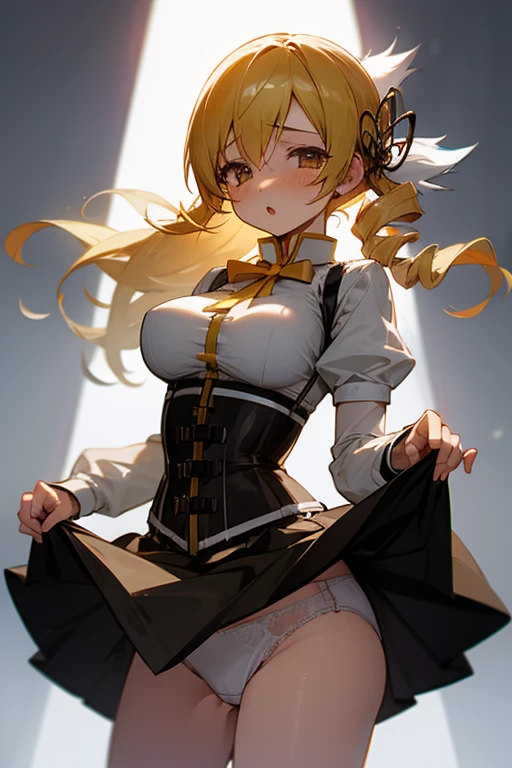 1 girl, mami tomoe, skirt, corset, big breast, skirt lift, self lift, white underwear, look at viewer, sobbing, half-open eyes, :o, tearing up