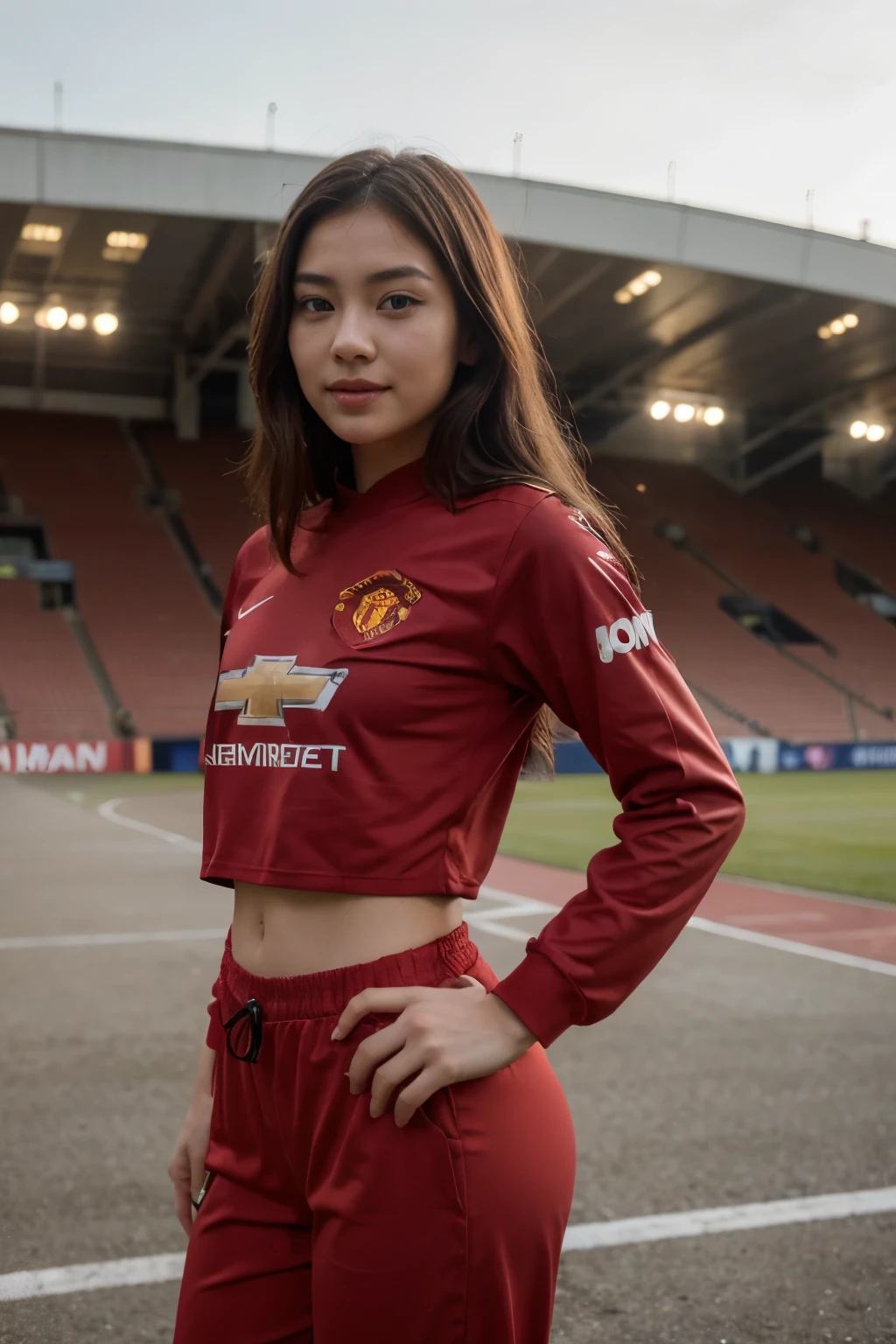 top-quality、masterpiece、超A high resolution、(realisitic:1.4)、Beautiful Women1、Beautiful detail eyes、smile、Light brown hair, She Wearing a long red manchester united jersey and long pants posing for a photo, gorgeous chinese model, photo of slim girl model, IG-Modell, beautiful female model, on the stadium, long red manchester united jersey 2023