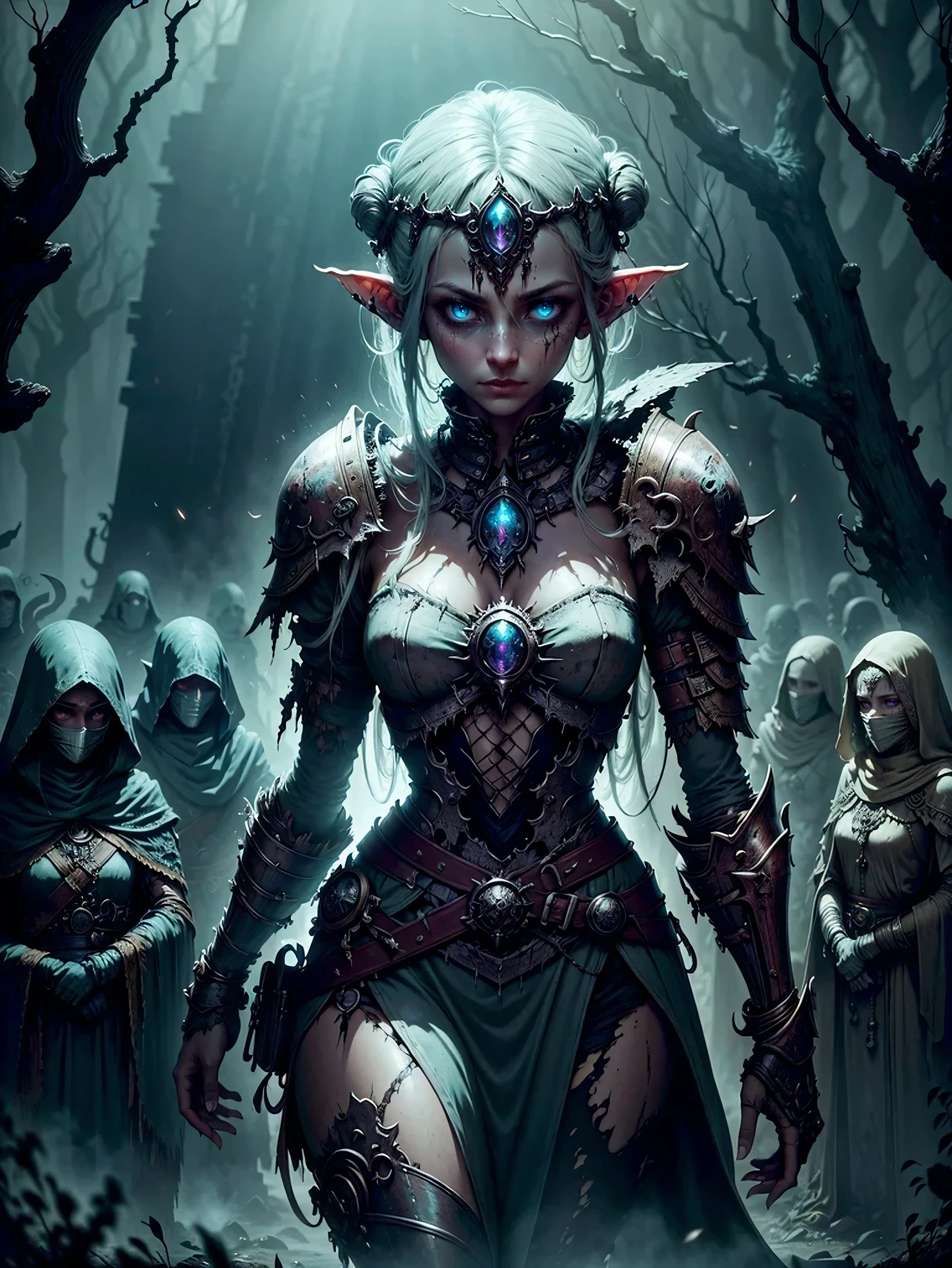 (masterpiece), super detail, best quality, ultra high res, highres, 8k, UHD, HDR, elf portraits, servants, dark fantasy
