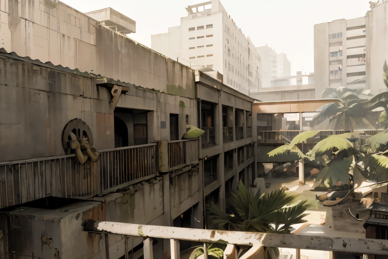 there  a statue standing on a balcony looking out at the city, school courtyard,bengal school of art, rows of canteen in background, brutalist courtyard, the photo shows a large, empty buildings with vegetation, above view, centre image, engineering bay, hospital in background, front side view, hospital, exterior view, concrete building,steampunk theme, old Egyptian style