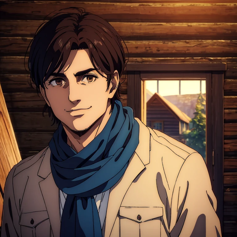 (best quality,4k,,masterpiece:1.2),ultra-detailed,realistic,photorealistic:1.37,male character who well built ,brown eyes,black medium hair,blue scarf,sharp jawline, he is smiling, behind him a small cabin, 