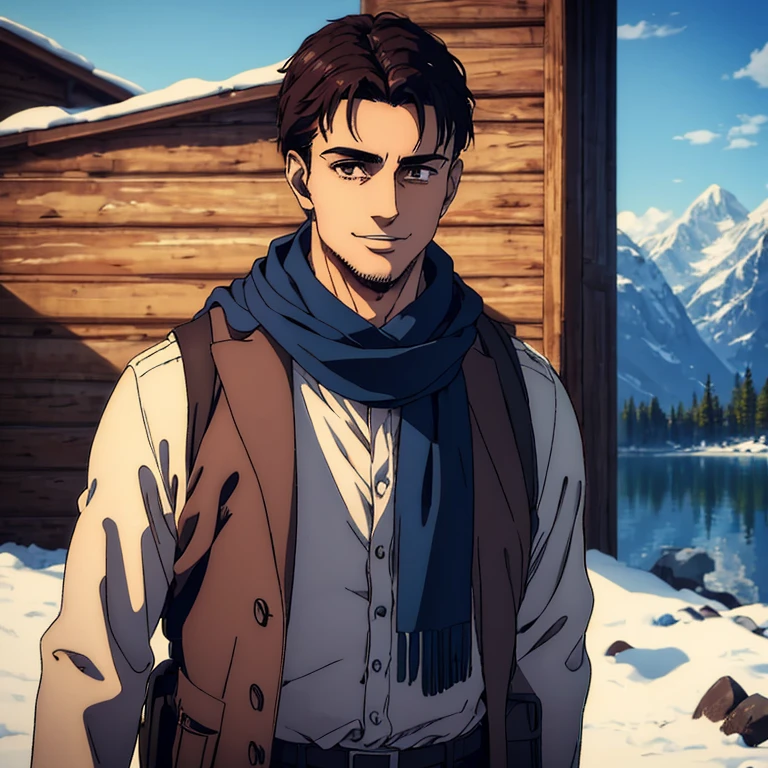 (best quality,4k,,masterpiece:1.2),ultra-detailed,realistic,photorealistic:1.37,male character who well built ,brown eyes,black medium hair,blue scarf,sharp jawline, he is smiling, behind him a small cabin,