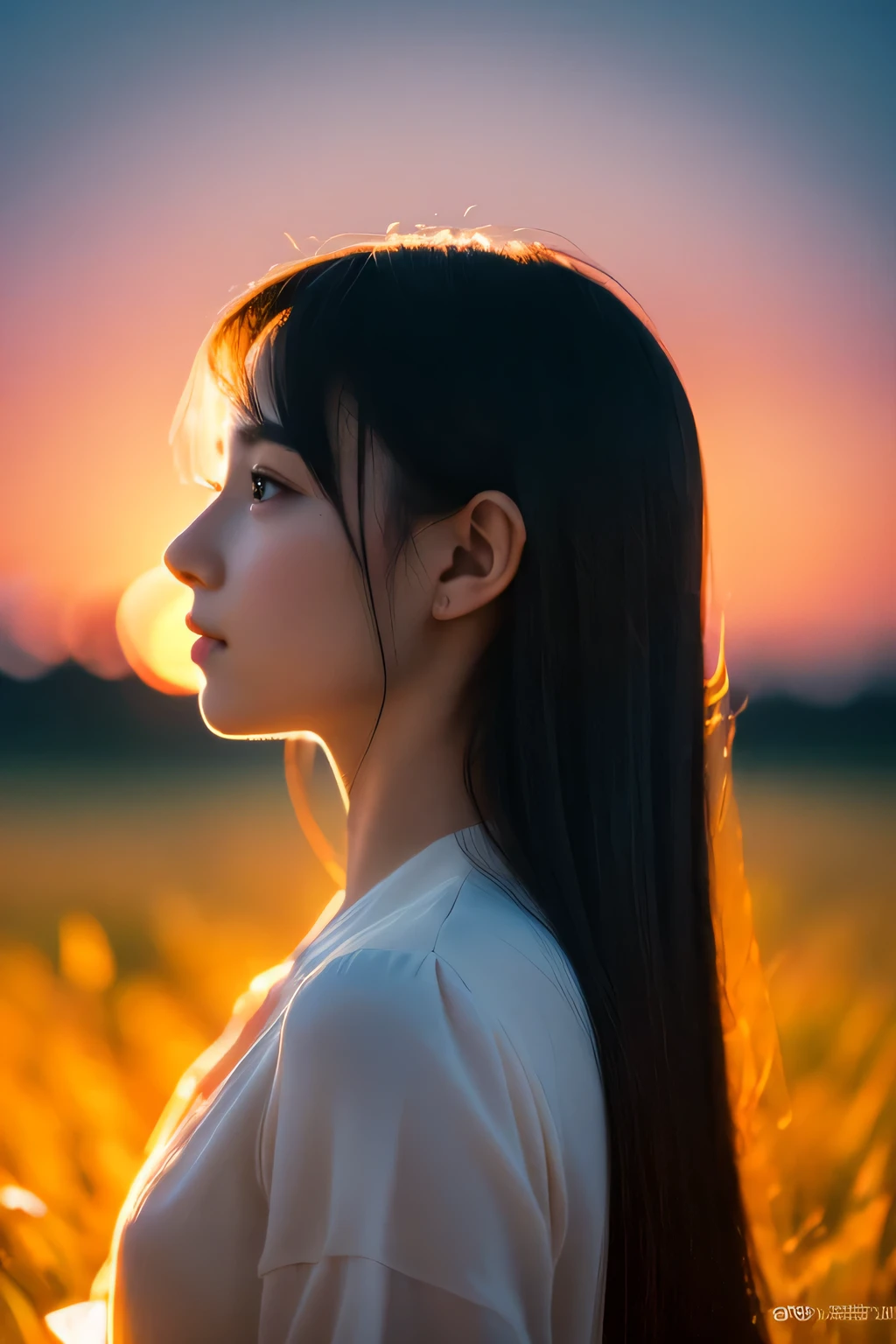 (highest quality,4K,8K,High resolution,masterpiece:1.2),super detailed,(realistic,photorealistic,photo-realistic:1.37),anime,black hair girl,beautiful profile,fine eyes,natural sunset,]

The completed photo is of a beautiful girl，she has long black hair。she was lying in a quiet meadow，Her profile is reflected in the afterglow of the setting sun。her eyes are so delicate，show a moving expression。The painting is presented in an anime style，超High resolutionの作成に取り組む，Realistic and detailed effects。The overall tone is now more natural，The light of the setting sun illuminates her silhouette、Adds a warm atmosphere to the photo。。