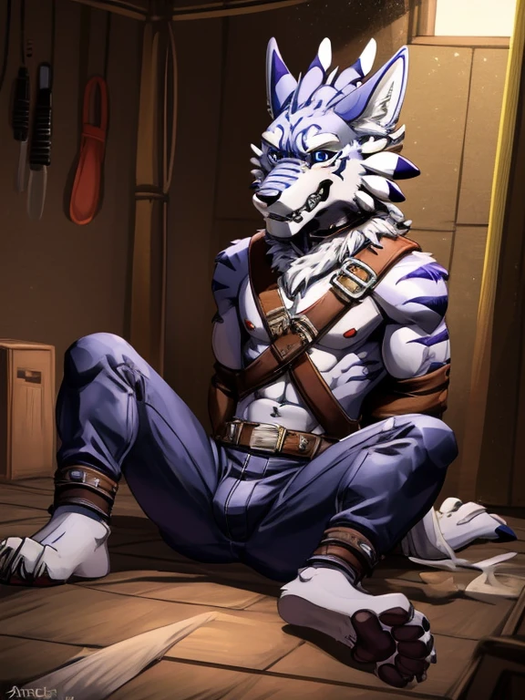 A WereGarurumon, hypnotized and barefoot, struggles against the restraints of a black straitjacket, a gag silencing his cries for help. His eyes plead for release as he looks up, sitting trapped in a padded asylum cell. His long hospital pants offer no comfort as his legs are stretched out in front of him, his detailed paws with claws and pawpads visible and desperate for freedom.