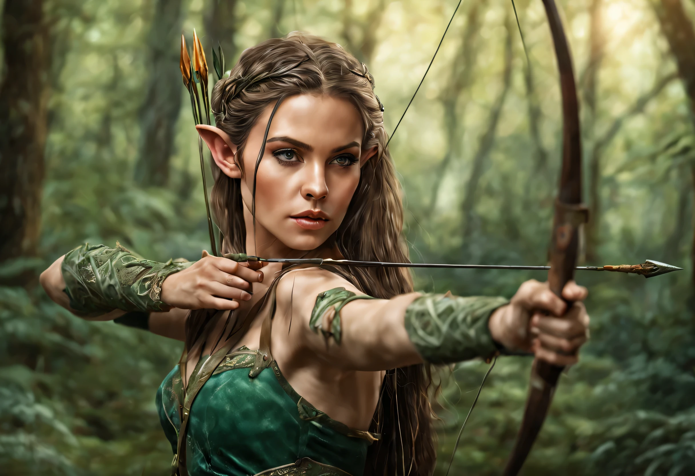 (Elven Woman:1.2) with a bow and arrow in the forest, (eleven rangers), archer&#39;s bow, surreal fantasy art, realistic fantasy images, surreal fantasy art