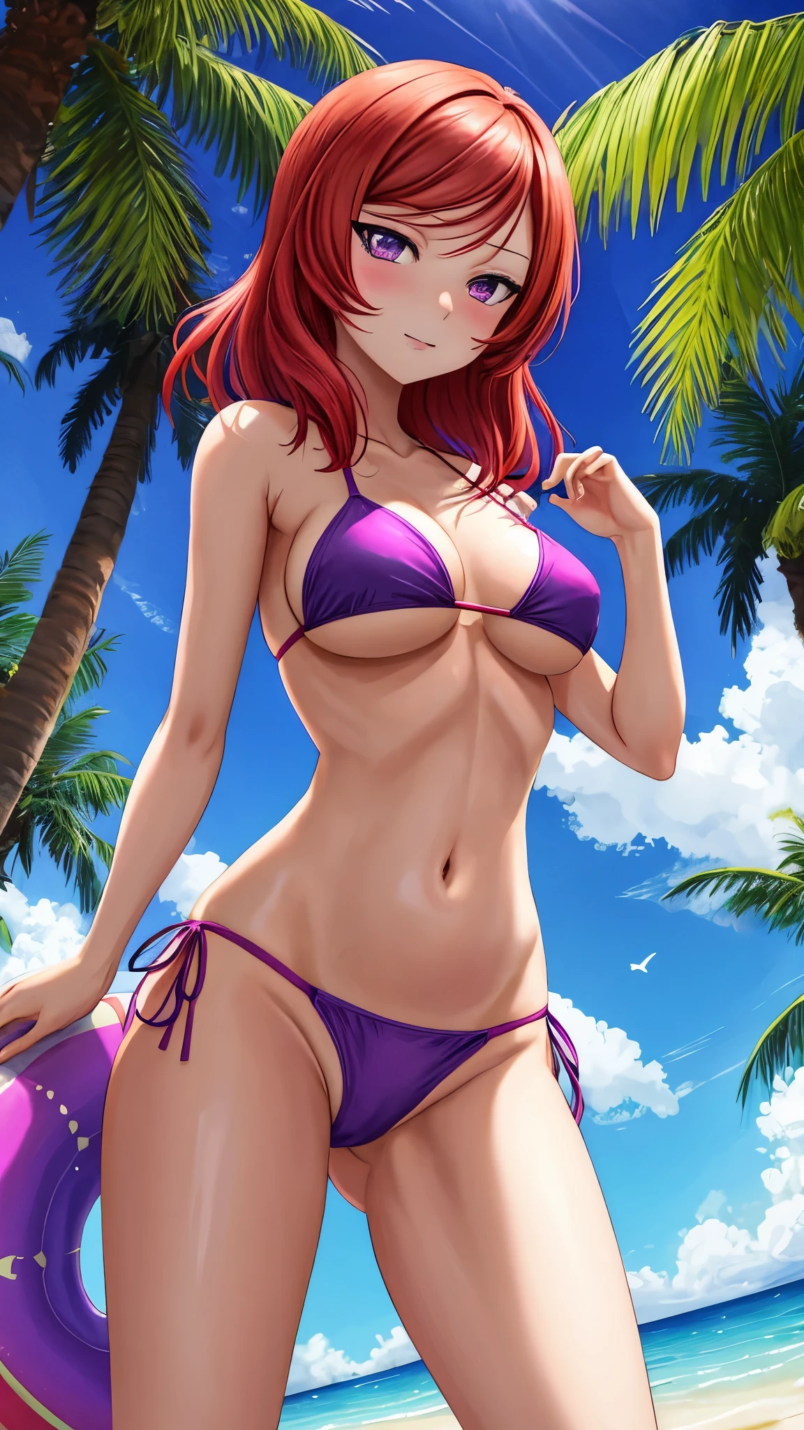 masterpiece, best quality, nishikino maki, purple eyes, (palm tree:1.000), (breasts:0.992), (tree:0.981), (sky:0.980), (day:0.973), (plant:0.969), (solo:0.966), (swimsuit:0.960), (from below:0.936), (bikini:0.913), (outdoors:0.913), (looking at viewer:0.880), (blue bikini:0.877), (cloud:0.799), (navel:0.791), (underboob:0.751), (medium breasts:0.704), (sunlight:0.657), (blush:0.635), (cowboy shot:0.566), (stomach:0.535), (thighs:0.508), Pussy