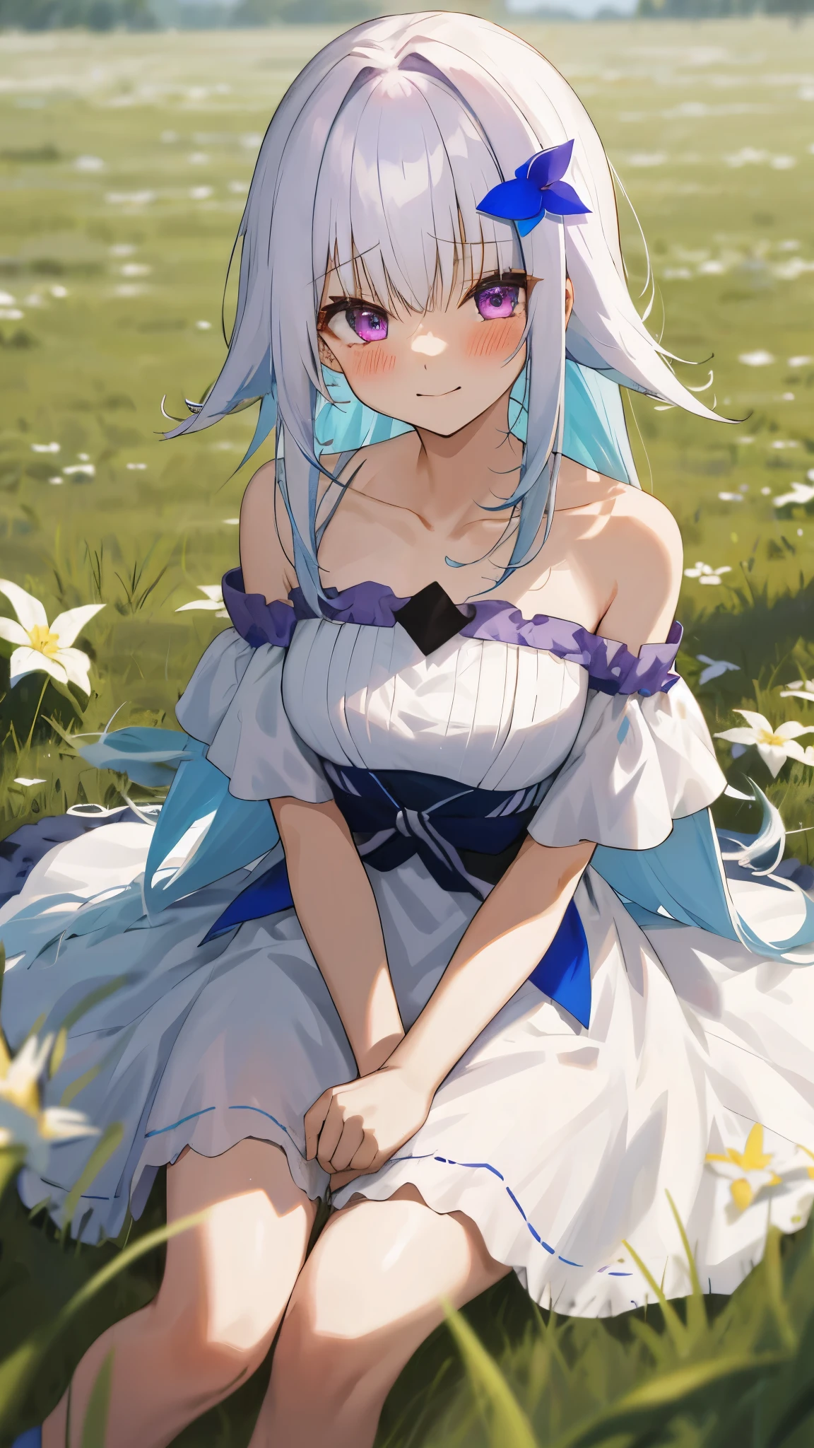 One girl with long messy hair, bangs, white hair, blue inner hair:1.25) , purple eyes, looking at viewer, blushing, little smile, tears, outdoor, grass, flower, spread legs, kneeling pose, sitting, white dress, bare shoulders, collarbone, short sleeves, bare legs, mid-chest, day atmosphere, hair ornament, medium breasts, focus, blurry background, 