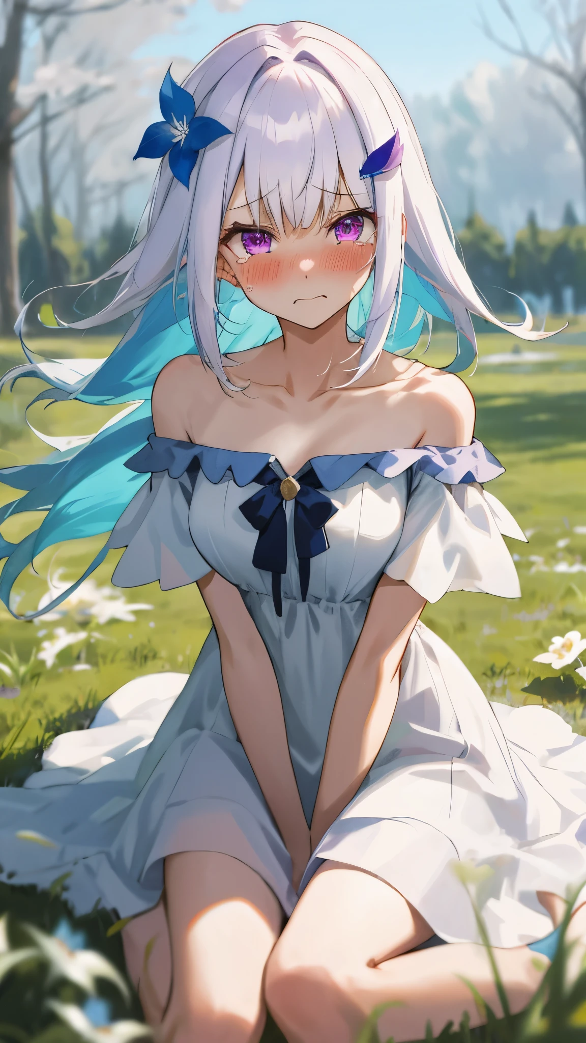 One girl with long messy hair, bangs, white hair, blue inner hair:1.25) , purple eyes, looking at viewer, blushing, embarrassed, crying, tears, outdoor, grass, flower, spread legs, kneeling pose, sitting, white dress, bare shoulders, collarbone, short sleeves, bare legs, mid-chest, day atmosphere, hair ornament, medium breasts, focus, blurry background,