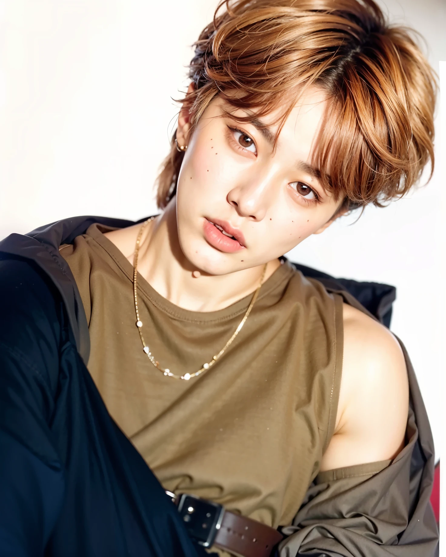Un primer plano de una persona sin una camisa puesta, Jeon Jungkook, Jungkook, Jungkook\los labios carnosos, Jungkook\la nariz griega, accurate Jungkook face, Jungkook\his right eyelid is swollen, Jung Jungkook, jungkook, de pelo negro, kpop idol portrait, taken in the early 2020s, bts jungkook