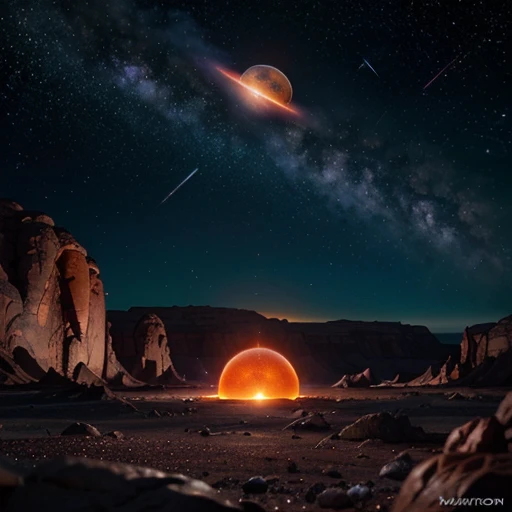 Universe, alien-planet, red-orange rocks and violett plants, in sky a blue planer and exploding stars, a alien with big eyes look at this, epic, colorful, bright, saturated,
