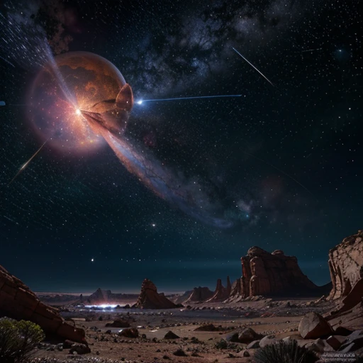 Universe, alien-planet, red-orange rocks and violett plants, in sky a blue planer and exploding stars, a alien with big eyes look at this, epic, colorful, bright, saturated,