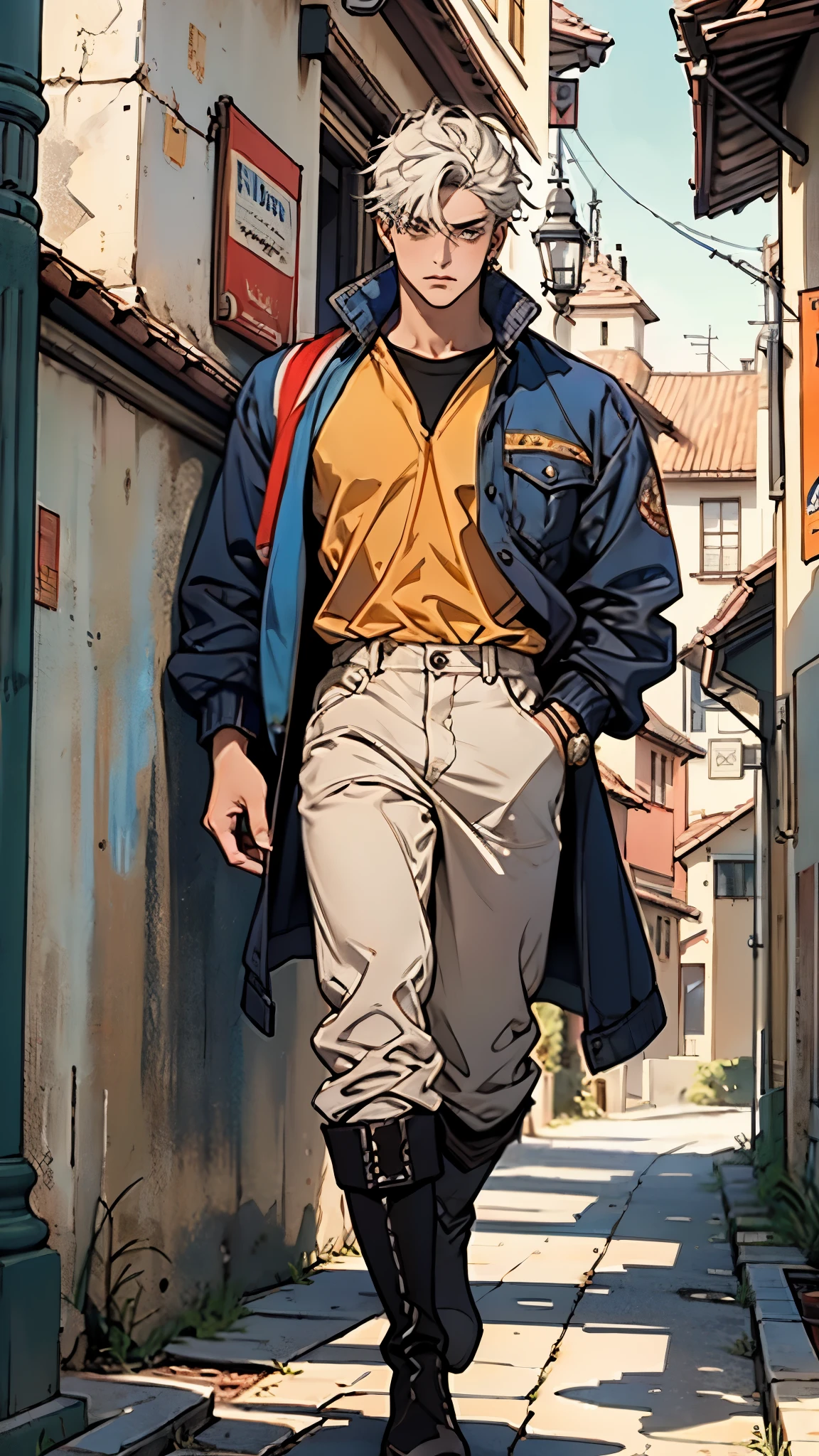 In the backdrop of an ancient fantasy-reality setting, a youth sporting a platinum crew cut displays a piercing gaze and confident demeanor. Adorned in a two-piece fusion outfit, seamlessly blending Western and Eastern influences, he wears a snug dark top paired with a vibrant yellow-blue short jacket. The lower half features loose white utility pants, and his sturdy long boots echo through the corridors of an antiquated architectural landscape. The overall aesthetic captures the essence of a refined and mature anime-inspired rogue, symmetrical face, extremely detailed eyes and face, high quality eyes, high definition, highres, ultra-fine painting, exquisite and mature, extremely delicate, professional, anatomically correct, creativity, UHD, HDR, 32k, Natural light, cinematic lighting, best shadow, masterpiece-anatomy-perfect, best quality, masterpiece, ultra-detailed