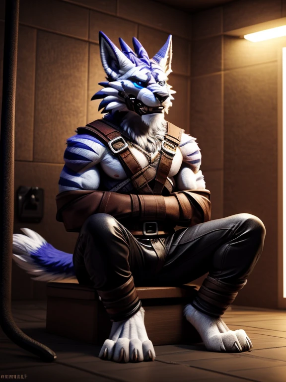 A WereGarurumon, hypnotized and barefoot, struggles against the restraints of a black straitjacket, a gag silencing his cries for help. His eyes plead for release as he looks up, sitting trapped in a padded asylum cell. His long hospital pants offer no comfort as his legs are stretched out in front of him, his detailed paws with claws and pawpads visible and desperate for freedom.